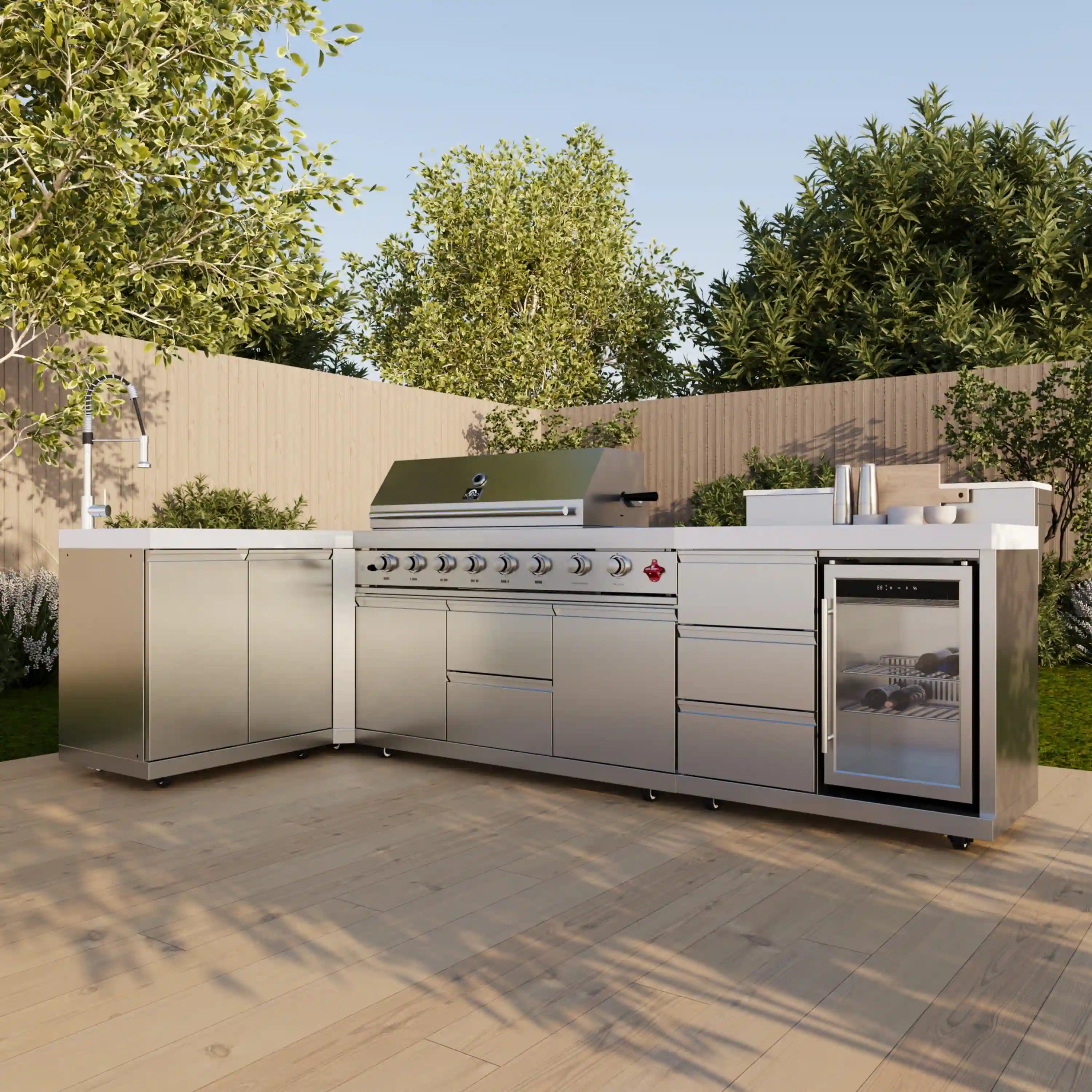 Stainless steel outdoor kitchen grill set with sink, burners, and built-in oven
