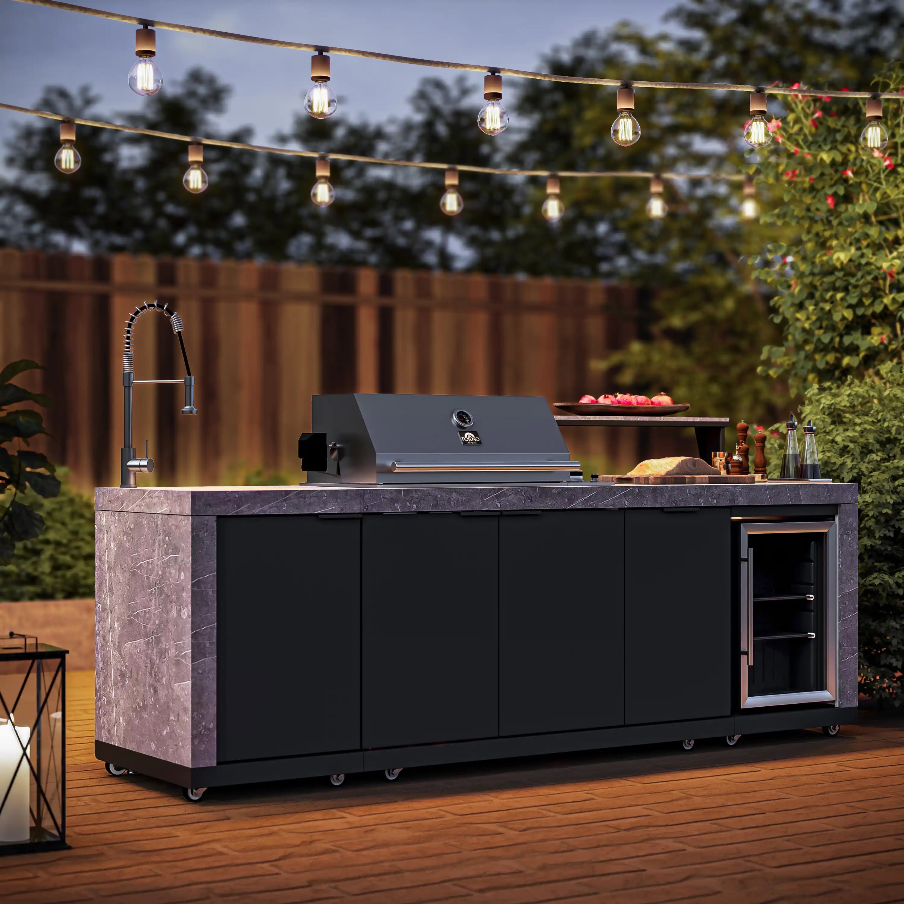 Outdoor kitchen BBQ with gray stone countertop, black cabinets, built-in sink area