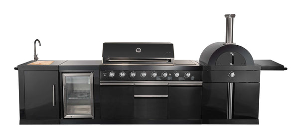 Forno All'Aperto Outdoor Kitchen Set with 87,600 BTU BBQ, Sink & Bar Module, Gas Pizza Oven, Black Sintered Stone Countertops in Black (FODKT2551BLK)