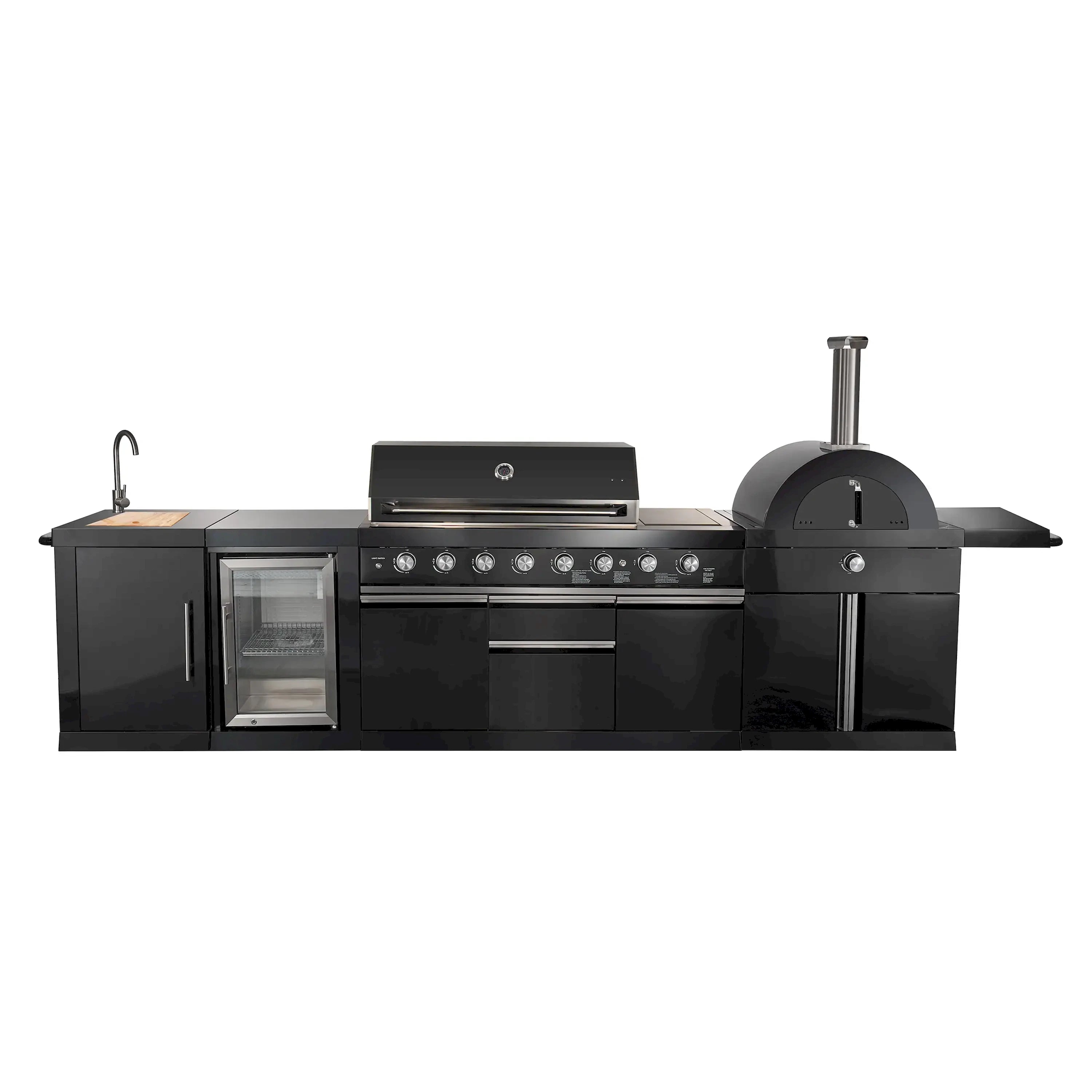 Black outdoor kitchen grill and pizza oven setup with control panel and side shelves