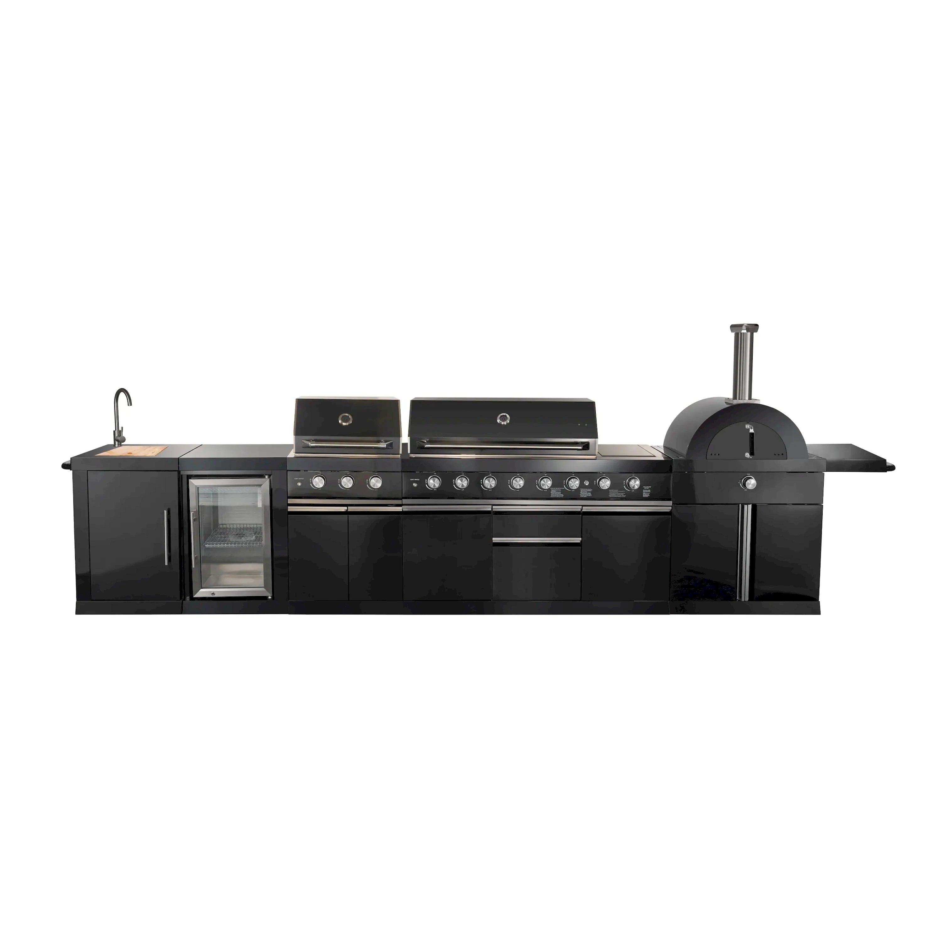 Black outdoor kitchen grill with oven-style door and side faucet
