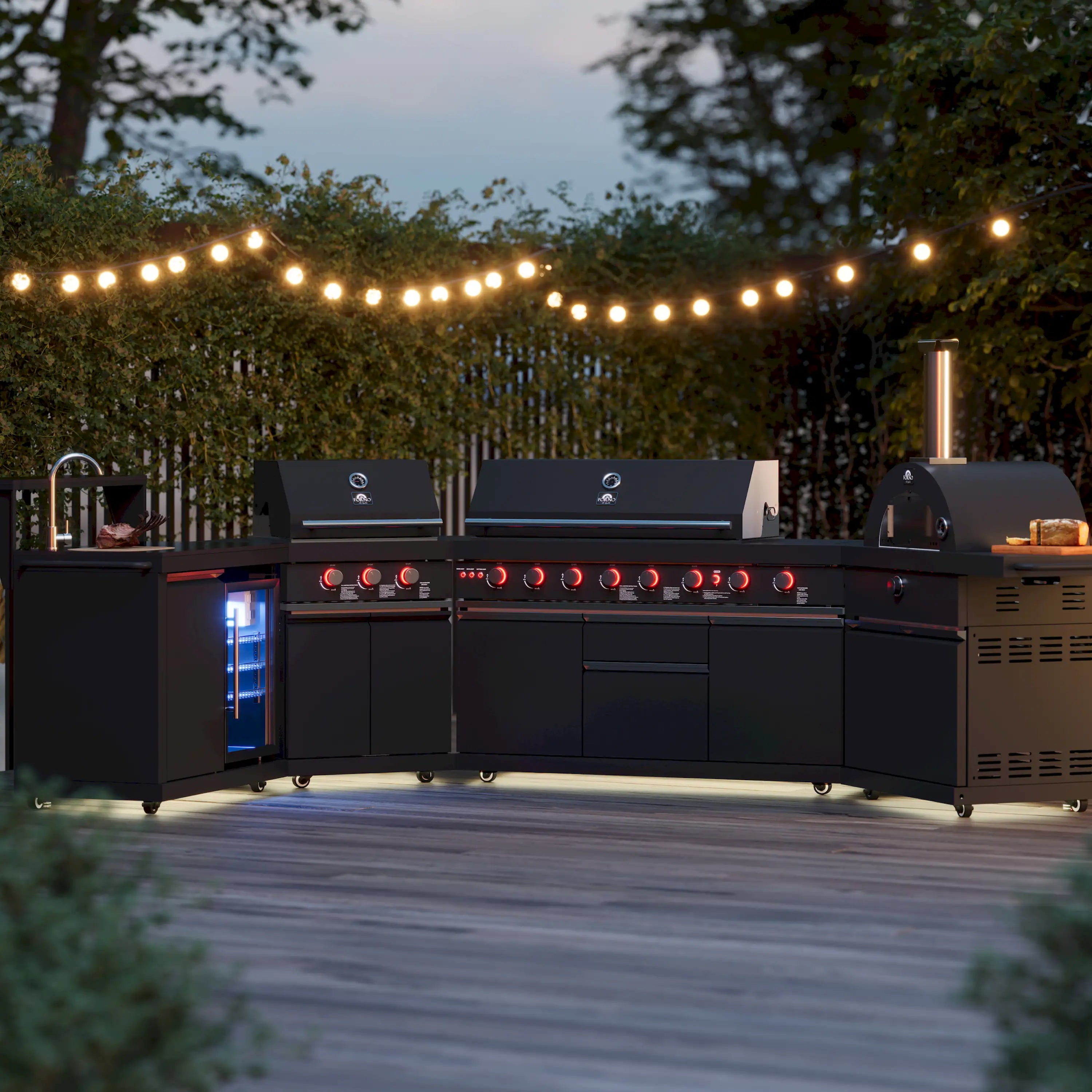 Black outdoor kitchen BBQ grill unit with multiple control knobs and side modules