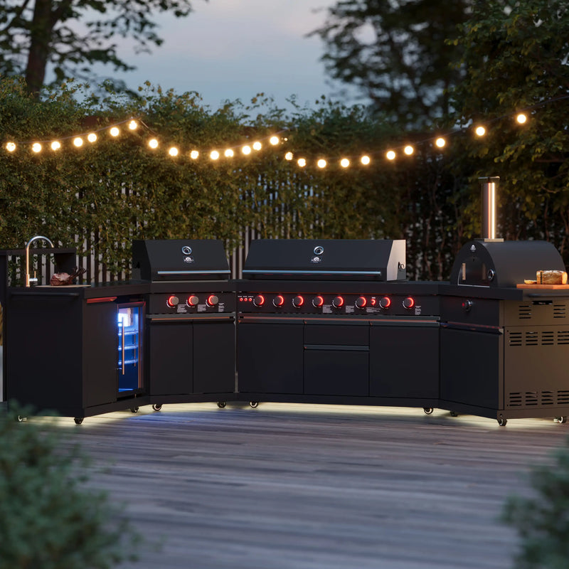 Forno All'Aperto Outdoor Kitchen Set with  99,600 BTU BBQ with 5 Stainless-Steel Burners, Infrared Burners & Side Burner, Plancha, Gas Pizza Oven, Sink & Bar Module with Black Sintered Stone Countertops (FODKT2568BLK)