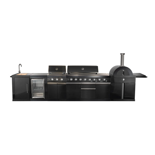 Forno All'Aperto Outdoor Kitchen Set with  99,600 BTU BBQ with 5 Stainless-Steel Burners, Infrared Burners & Side Burner, Plancha, Gas Pizza Oven, Sink & Bar Module with Black Sintered Stone Countertops (FODKT2568BLK)