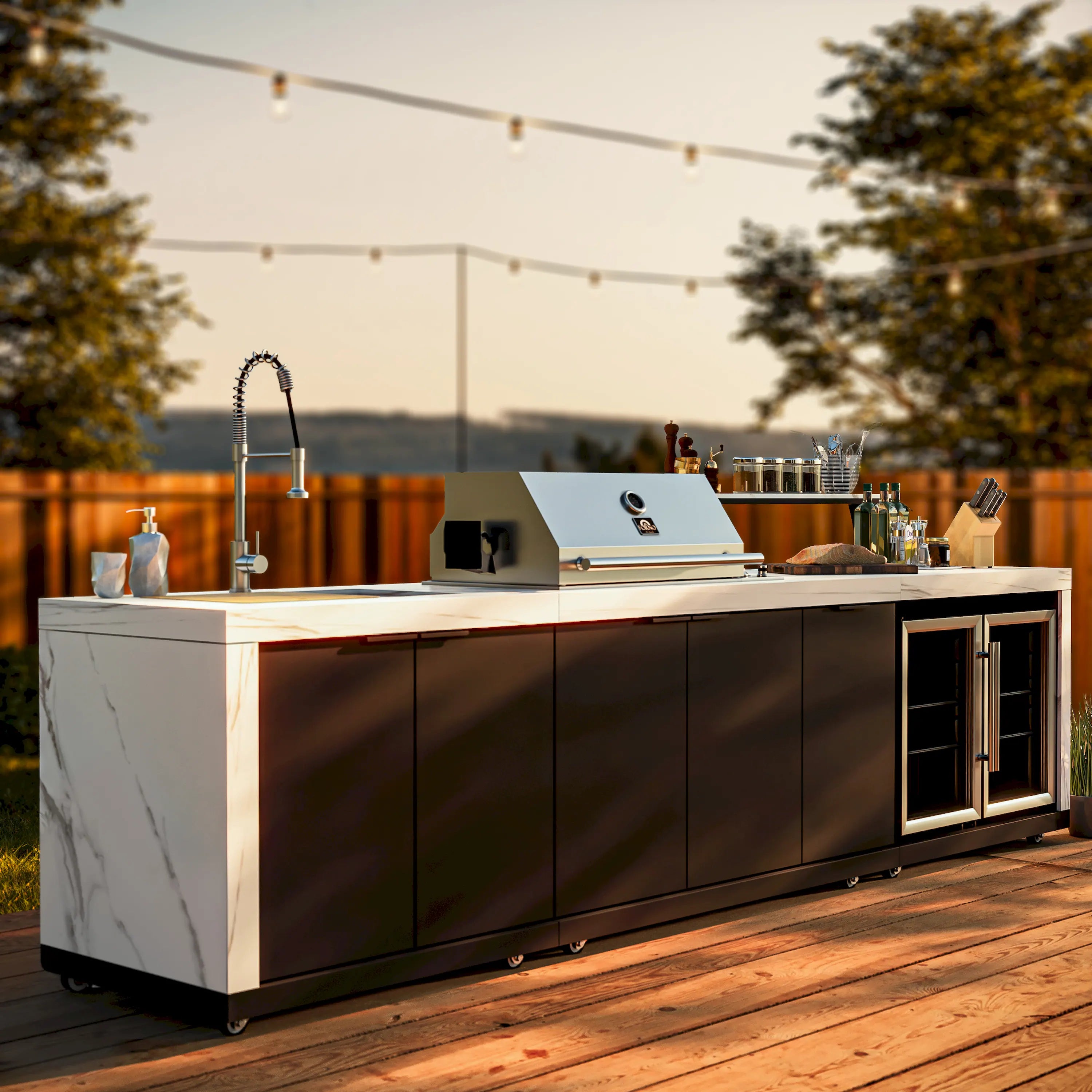 Outdoor BBQ grill with sink and faucet on a white countertop, set on a patio