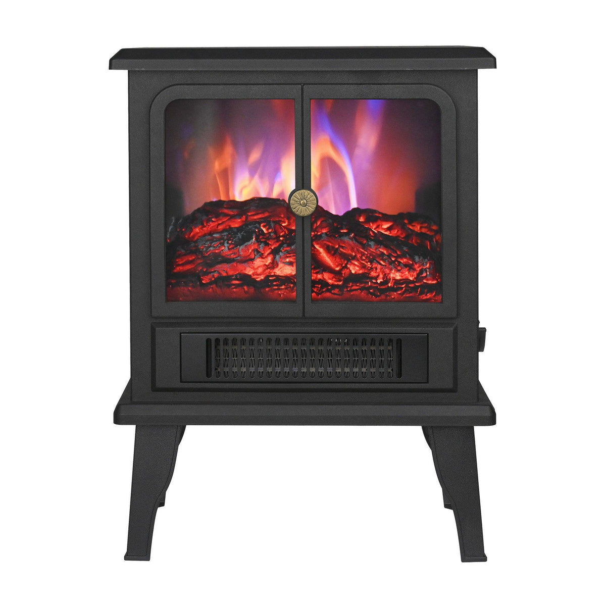 Front view of black freestanding electric fireplace heater with 3D flame display