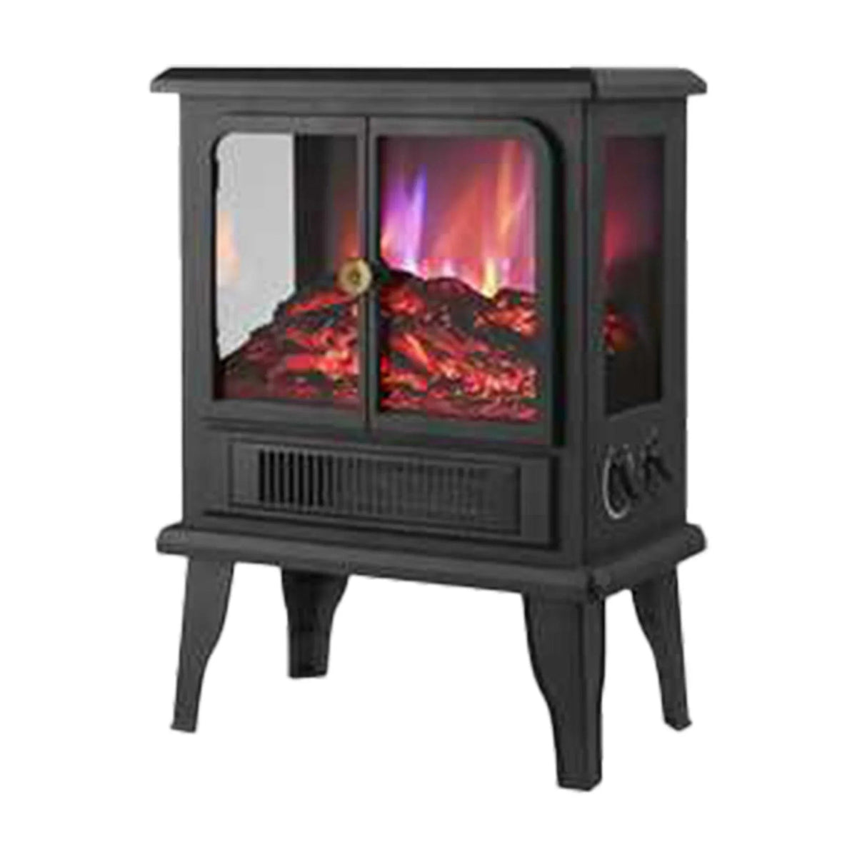 Black freestanding electric fireplace heater with 3D flame effect and glass window