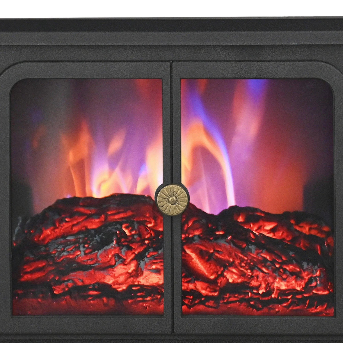 Close-up of the dual front flame window on a black electric fireplace heater