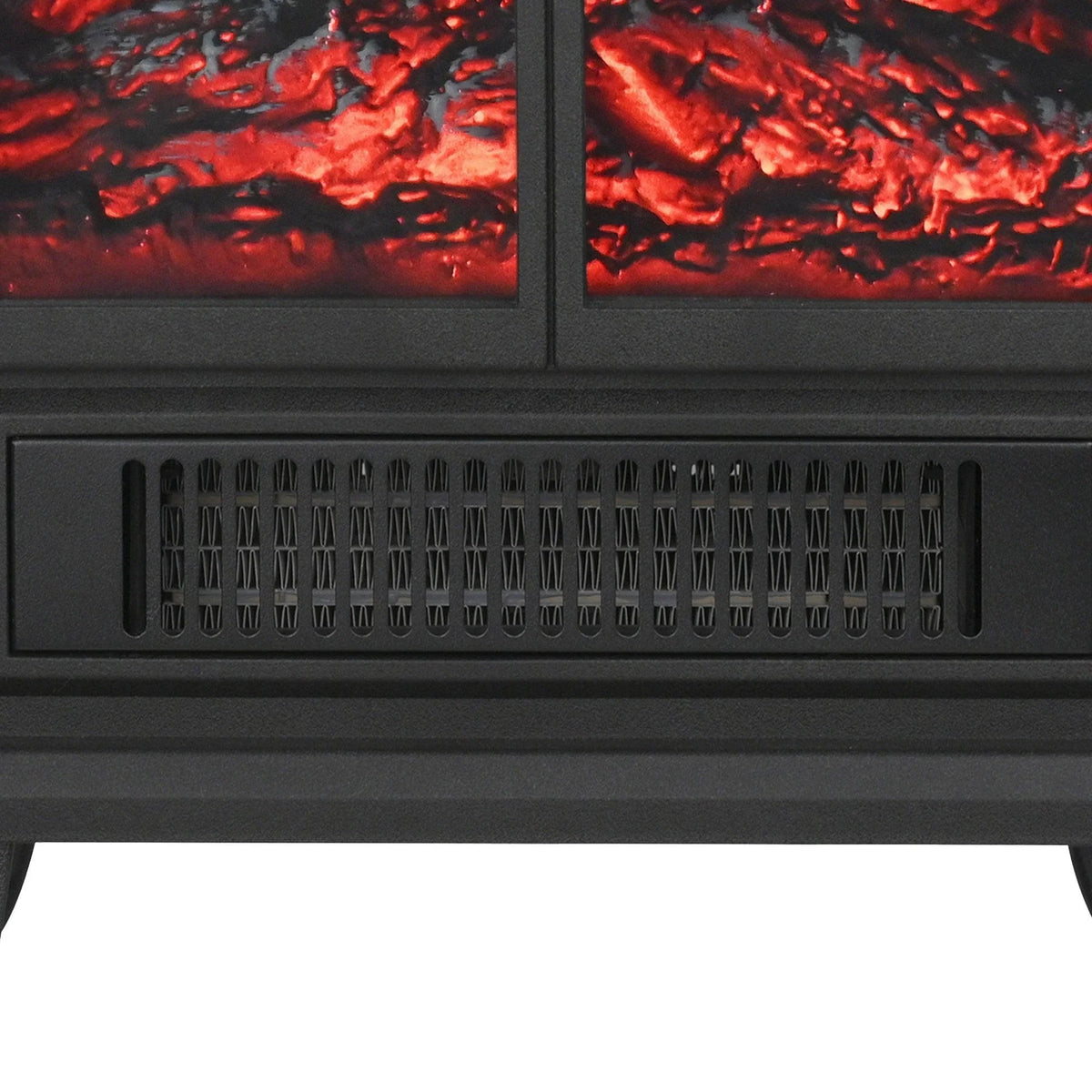 Close-up of front vent grille on a black electric fireplace heater