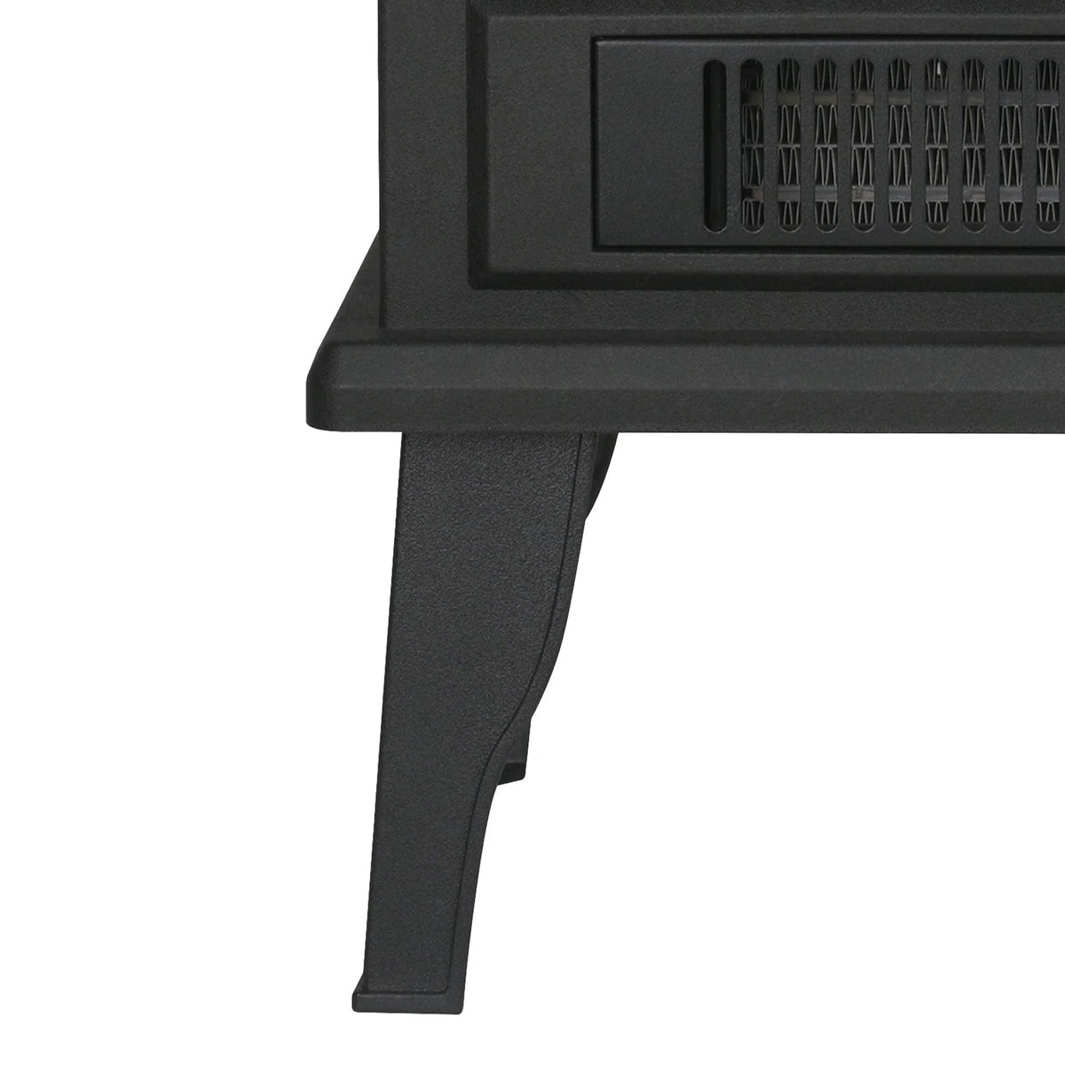 Side view of black freestanding electric fireplace heater legs and base