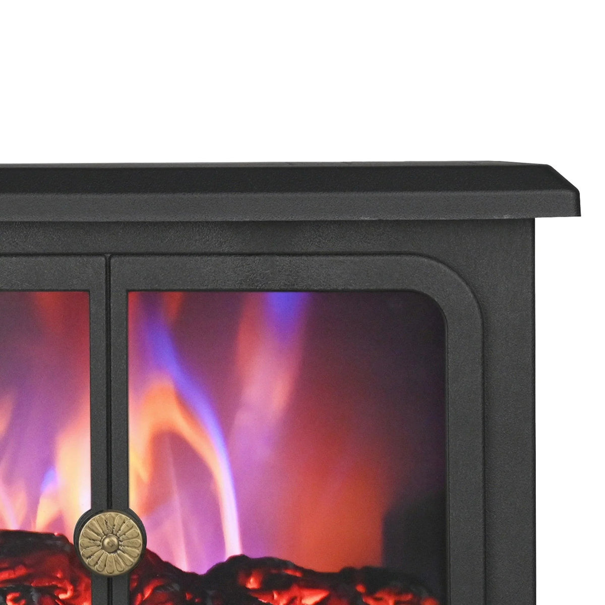 Upper front corner of a black electric fireplace heater with flame window