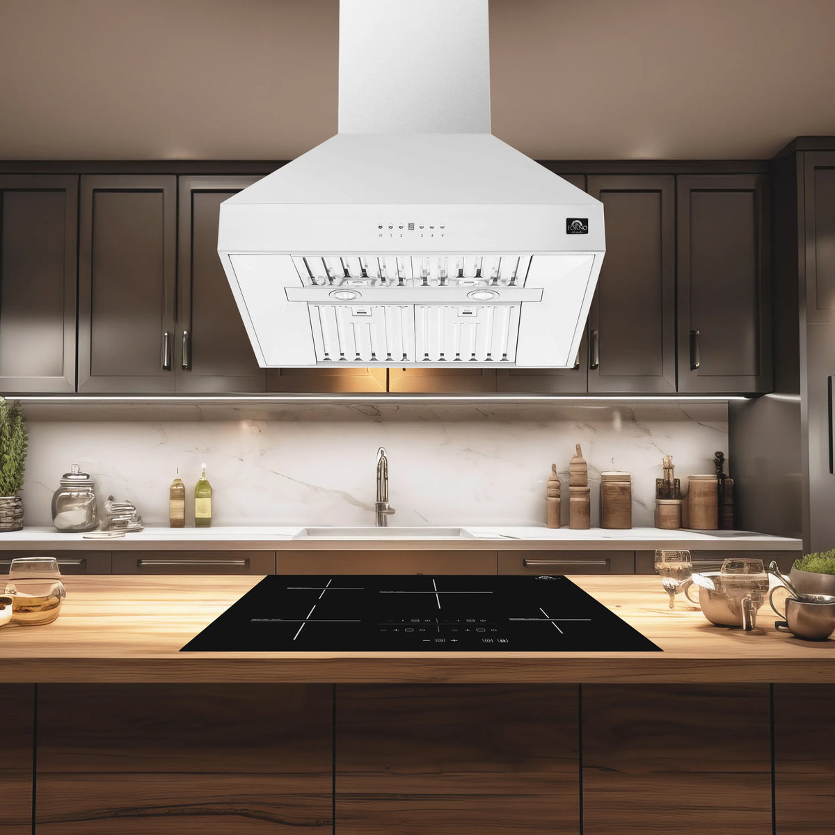 Forno Coppito 30-Inch Island Range Hood in Stainless Steel with 600 CFM Motor shown in a styled kitchen