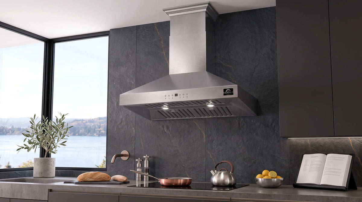 Forno Coppito 30-Inch Island Range Hood in Stainless Steel with 600 CFM Motor shown in a styled kitchen, view 2