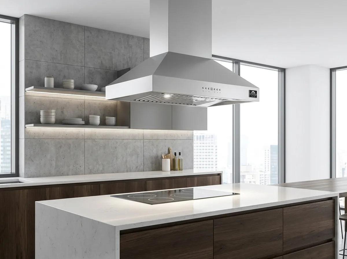 Forno Coppito 30-Inch Island Range Hood in Stainless Steel with 600 CFM Motor shown in a styled kitchen, view 4
