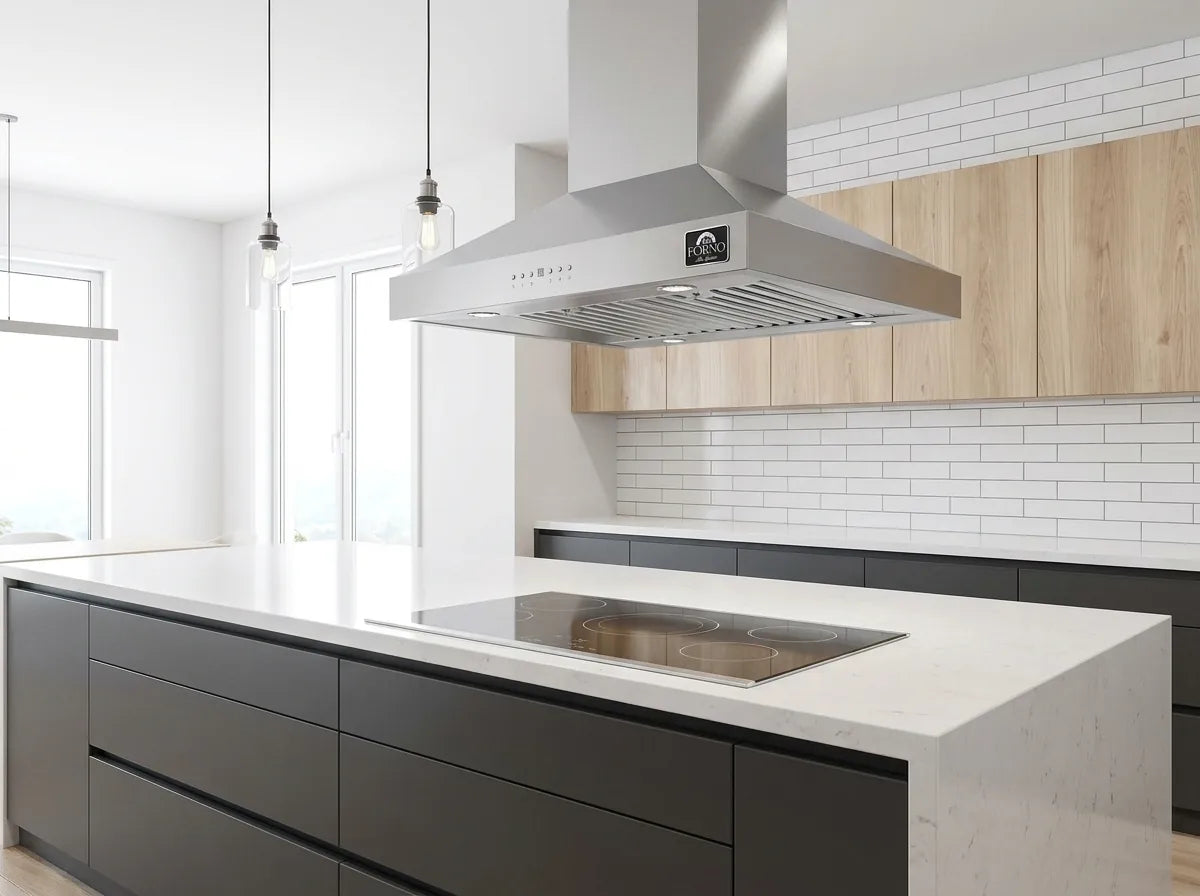 Forno Coppito 30-Inch Island Range Hood in Stainless Steel with 600 CFM Motor shown in a styled kitchen, view 5