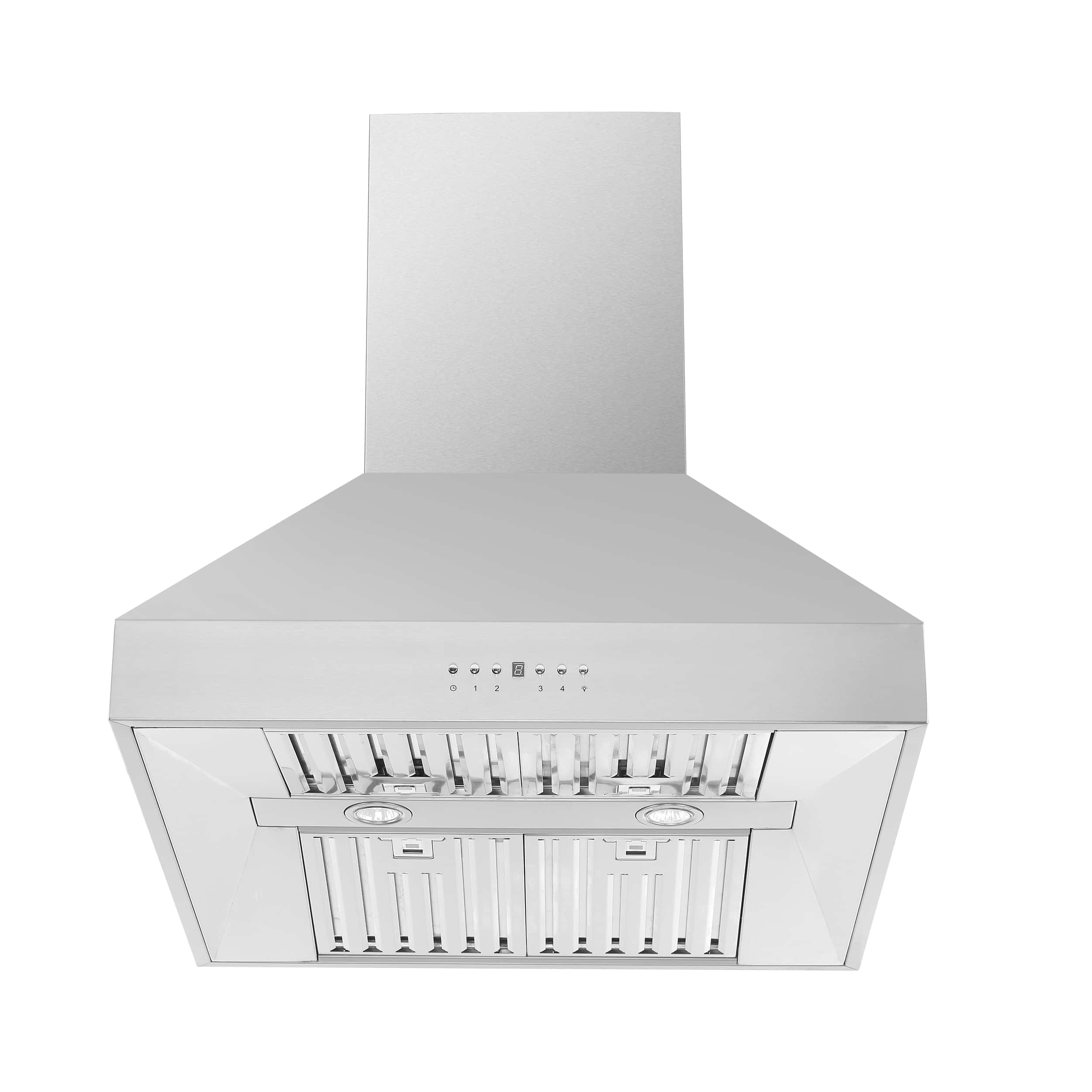 Stainless steel island range hood underside with control panel and filters