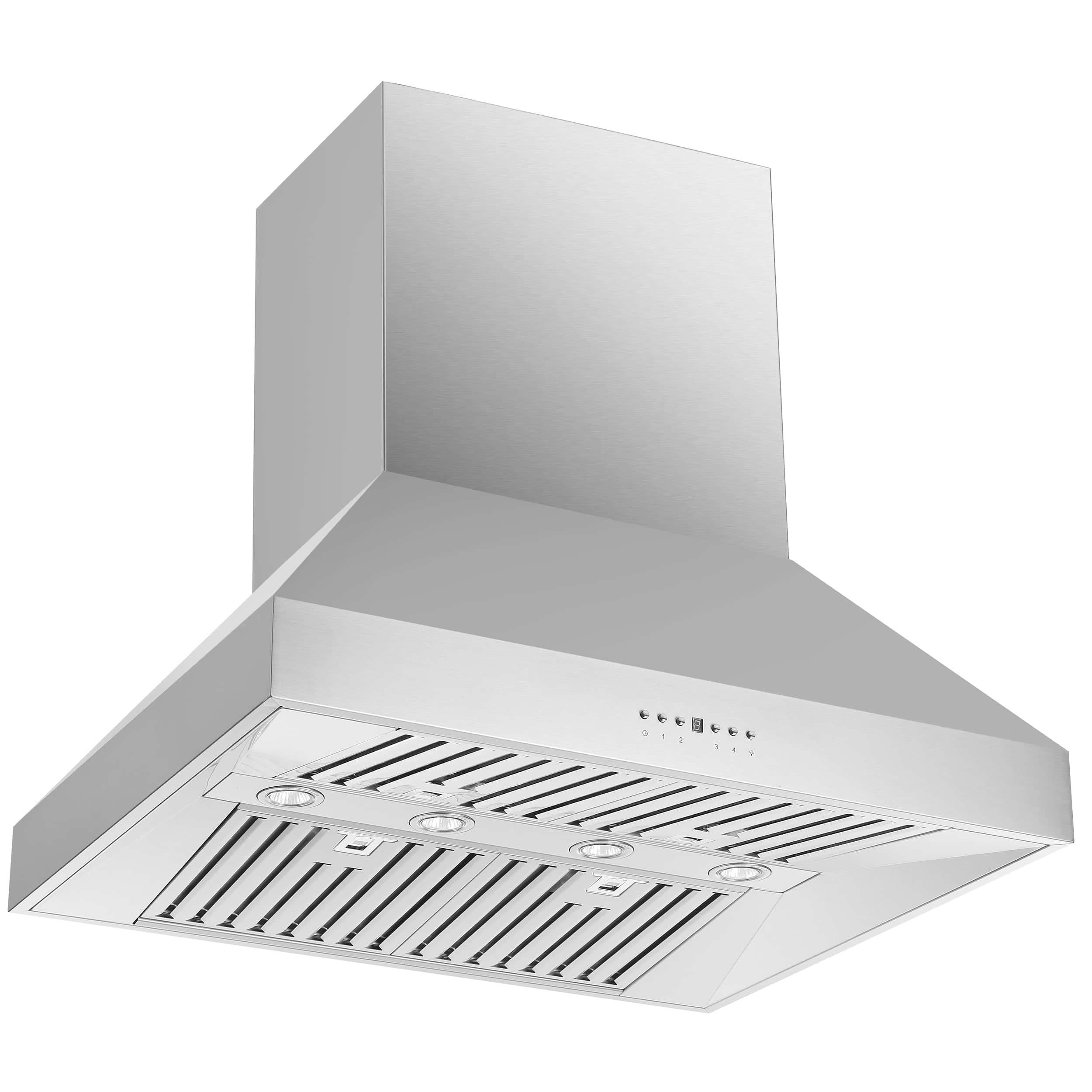 Stainless steel island range hood with front grease filter grid and control panel