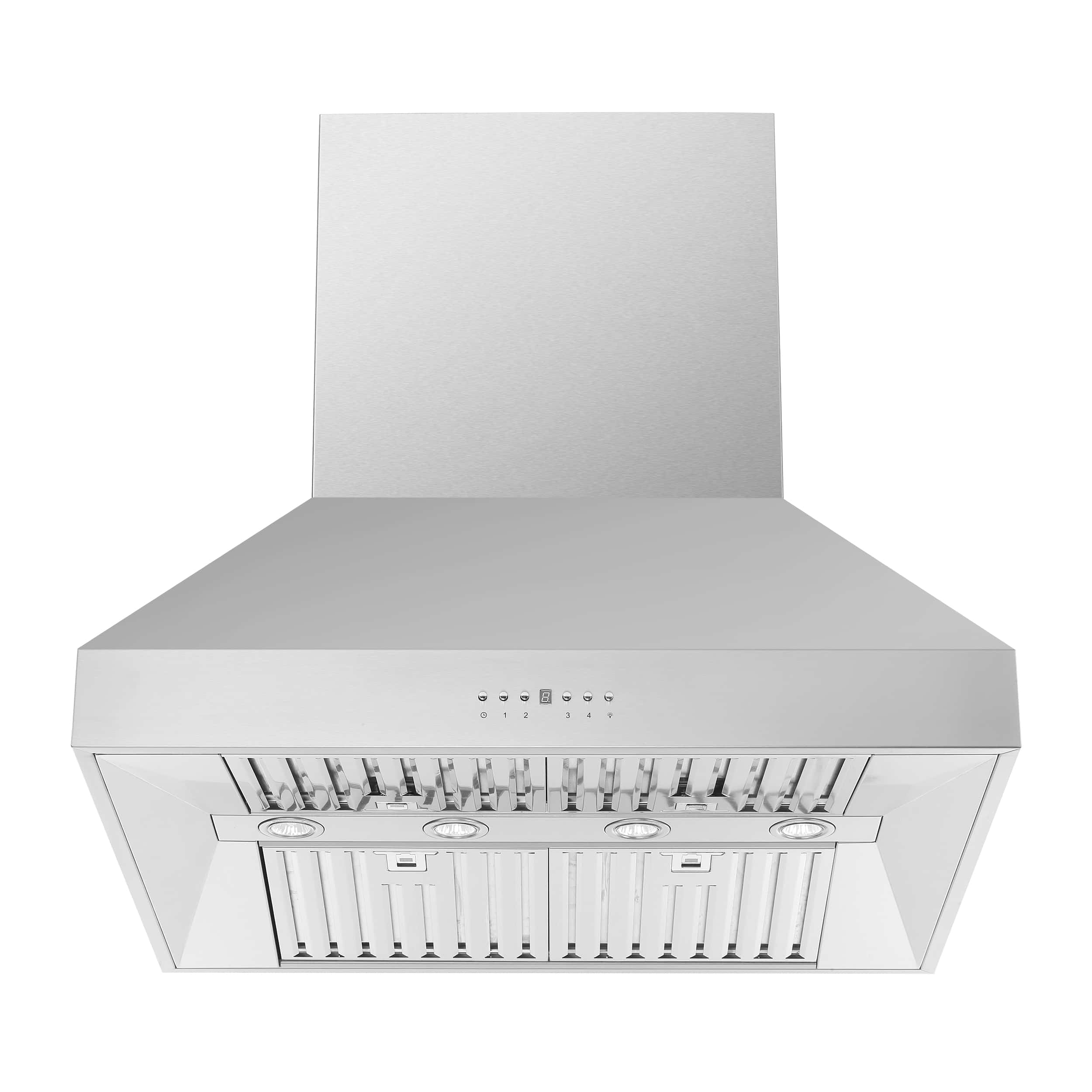 Stainless steel island range hood with front control buttons and multiple round lights