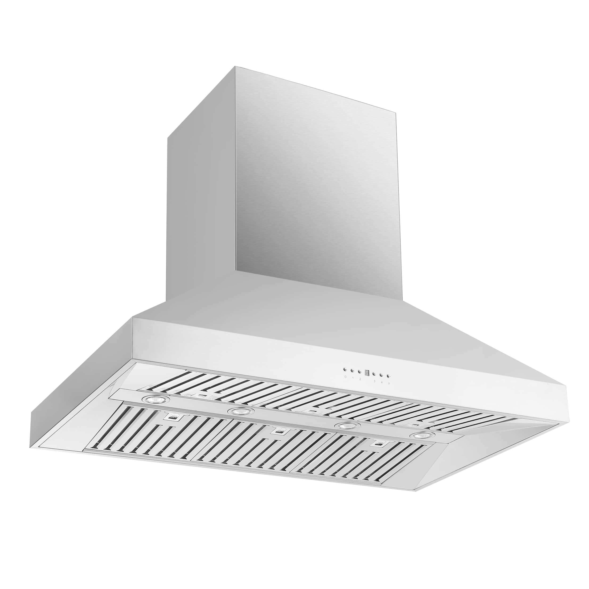 Stainless steel island range hood with chimney, vented filters and control panel
