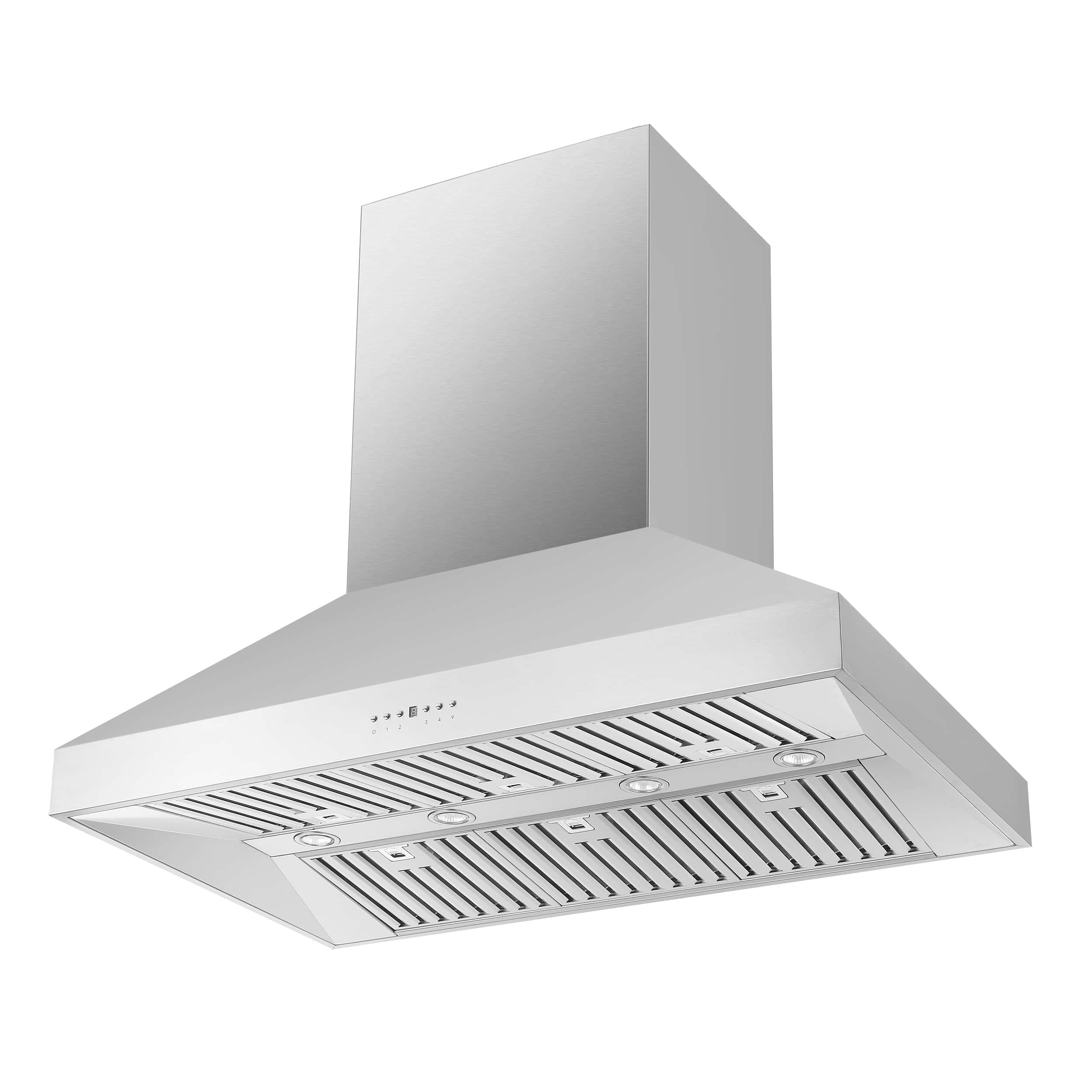 Stainless steel island range hood with angled chimney and vented filter tray