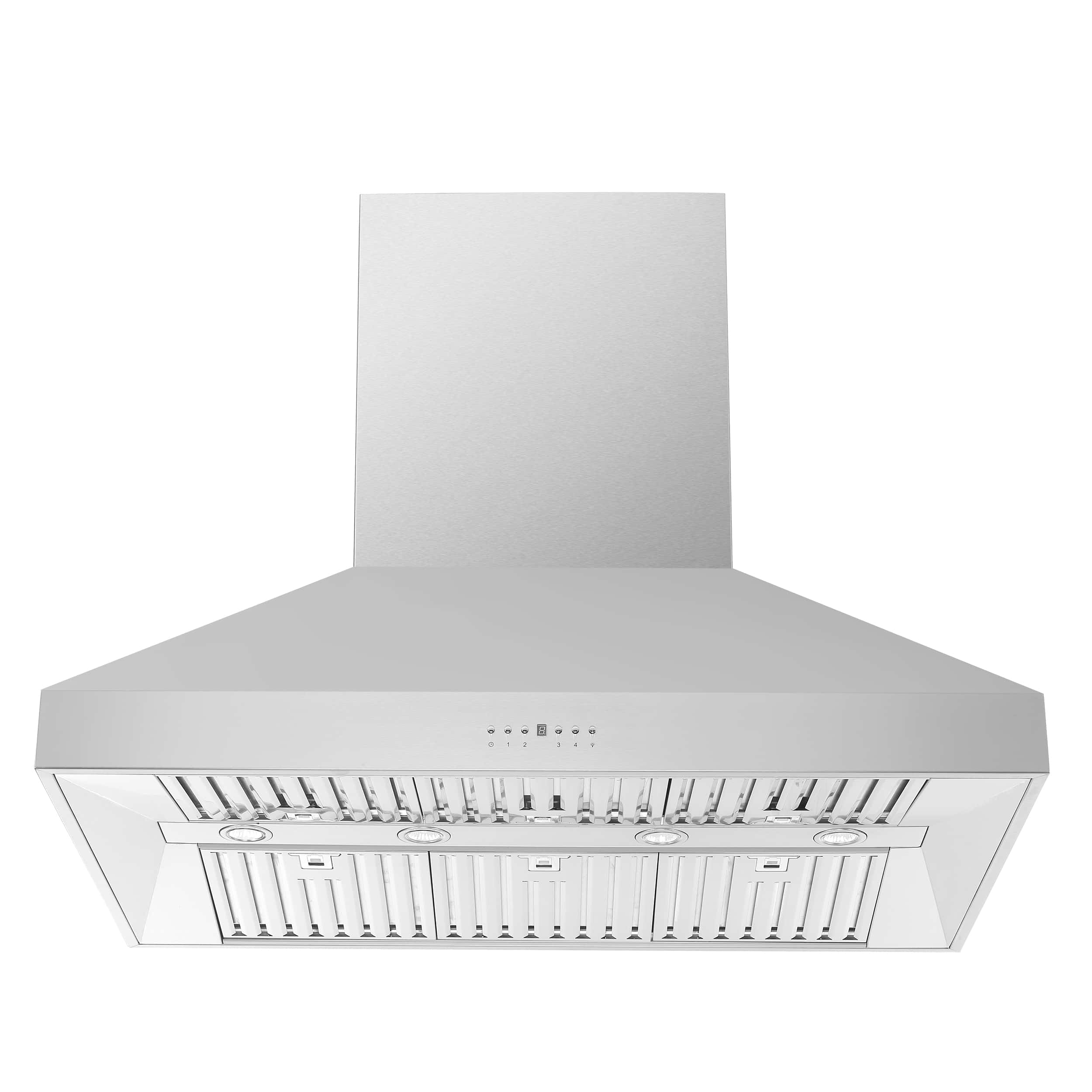 Stainless steel island range hood underside with baffle filters and round lights