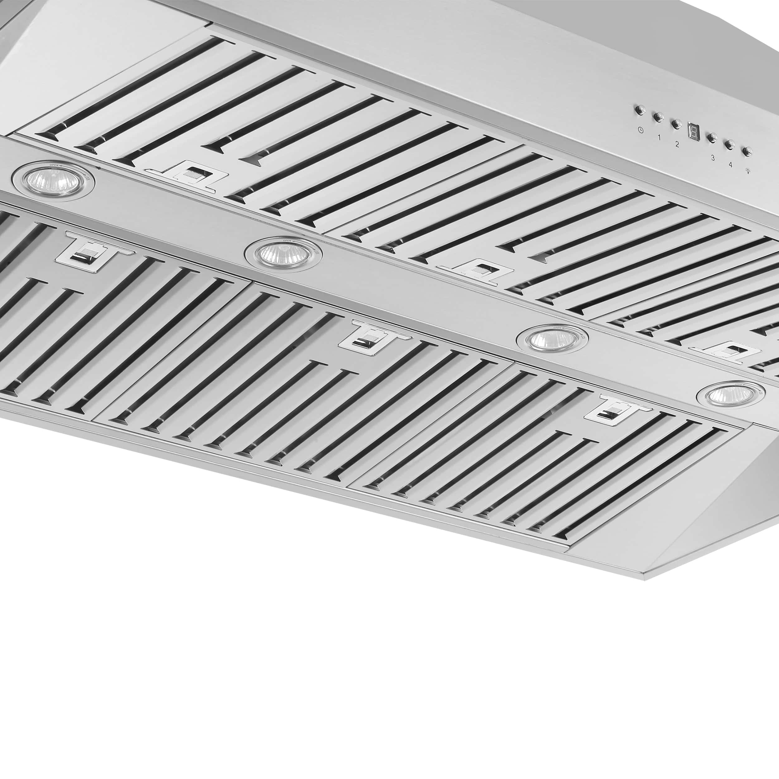 Stainless steel range hood canopy with baffle filters and built-in round lights