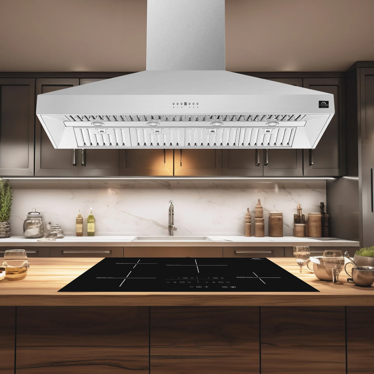 Forno Coppito 60-Inch Island Range Hood in Stainless Steel with 1200 CFM Motor shown in a styled kitchen
