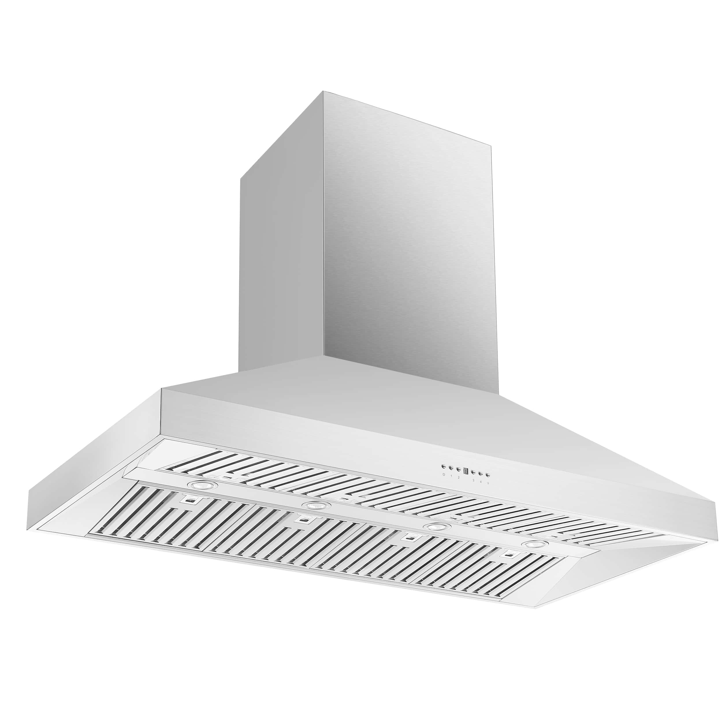 Stainless steel 60-inch island range hood with chimney and vented filter panels