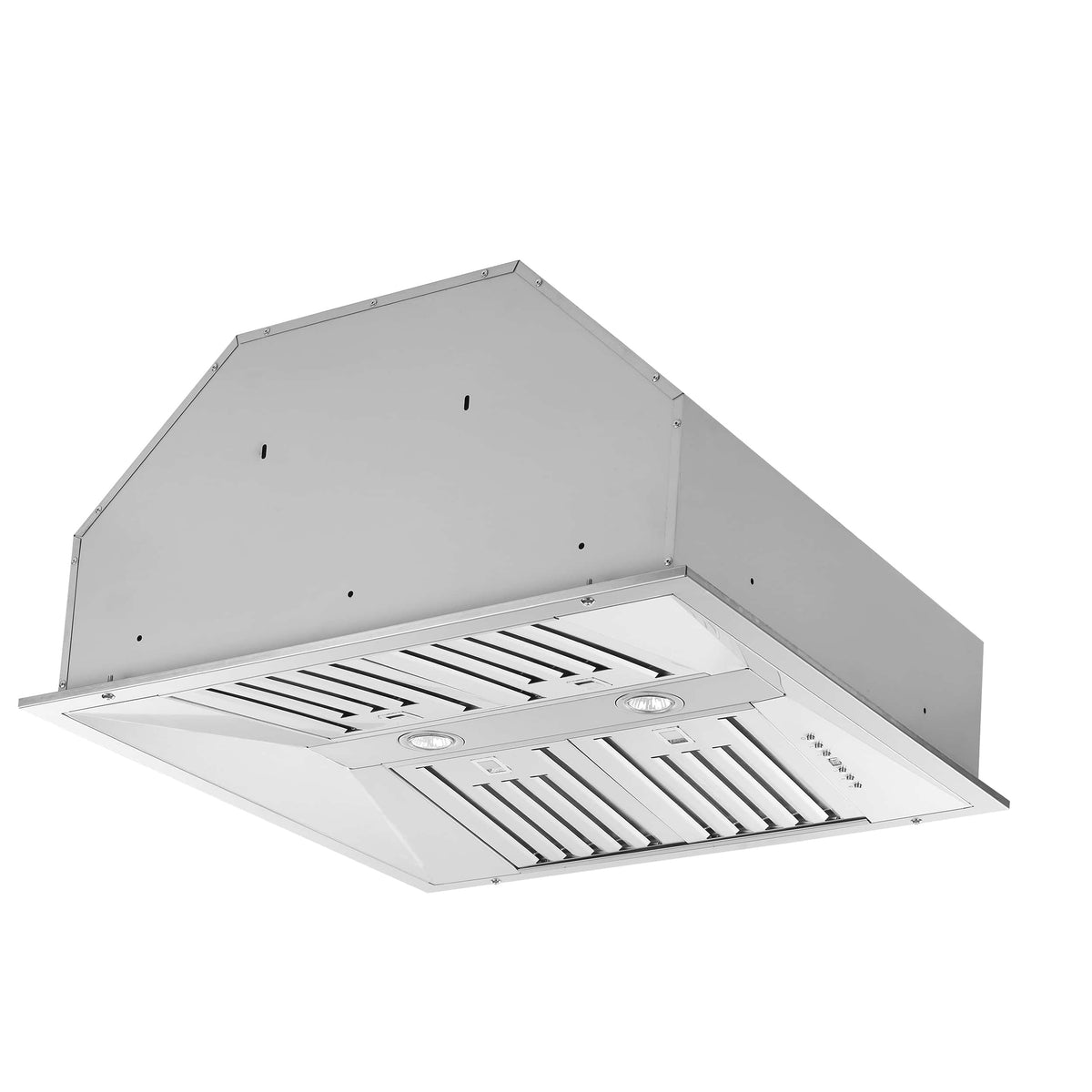 Stainless steel insert range hood angled view with baffle filter grid and lights