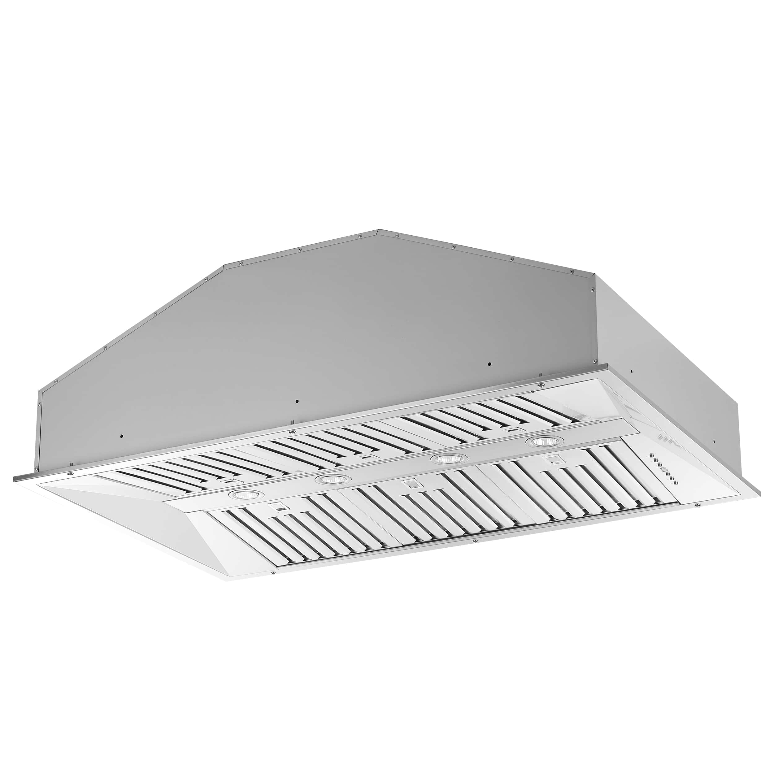 Stainless steel insert range hood with front vent grille and round fan lights