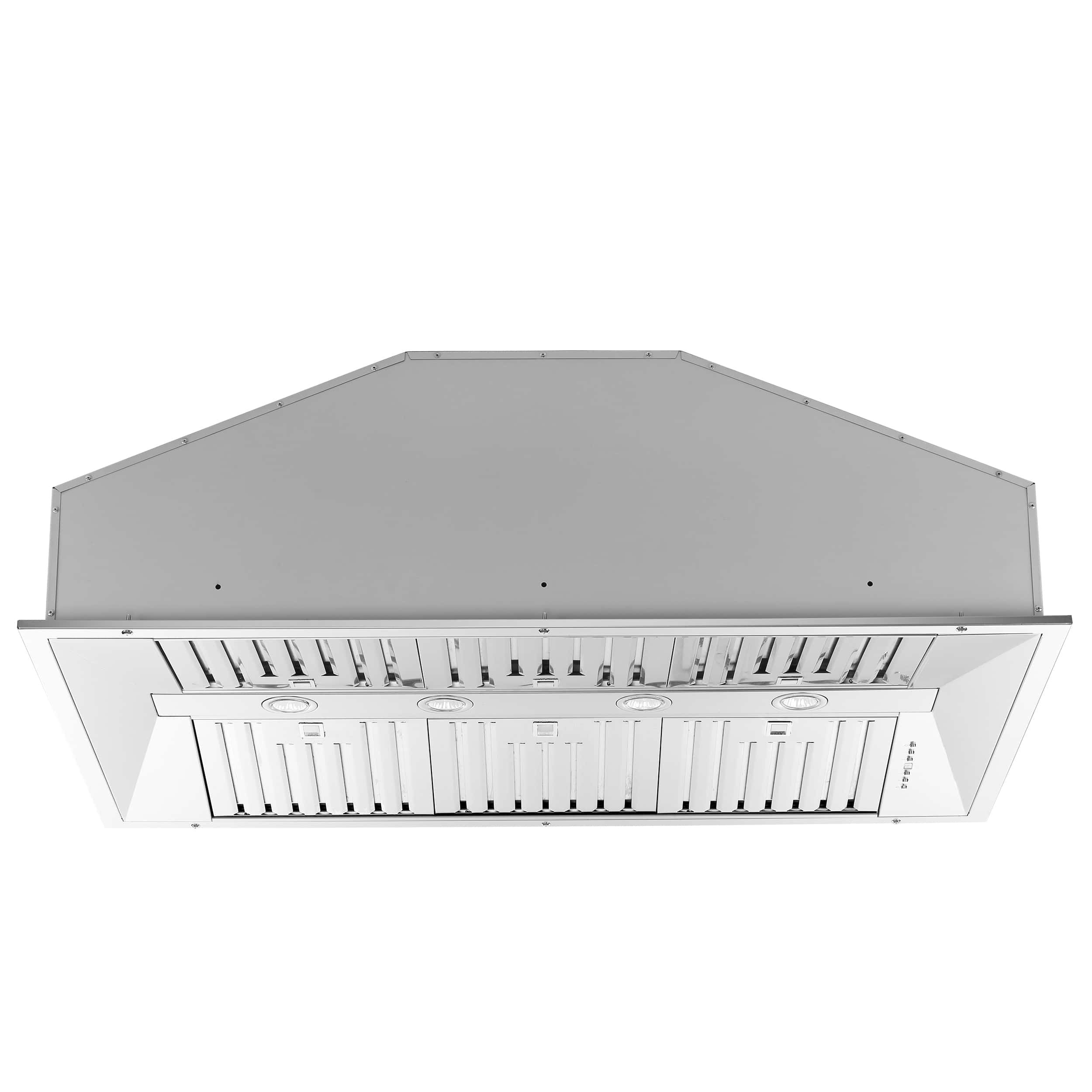 Stainless steel insert range hood underside view with baffle filters and vents