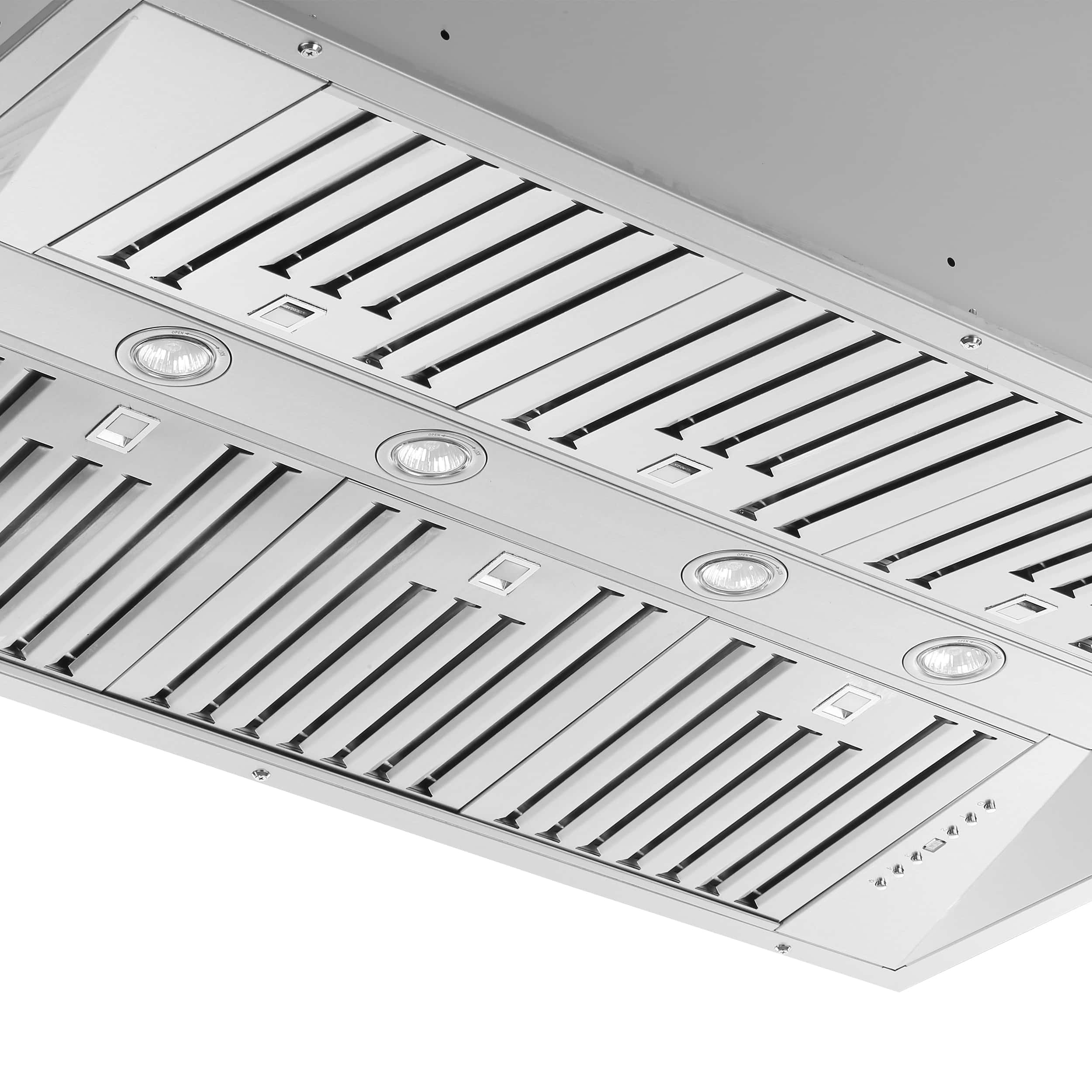 Stainless steel insert range hood underside with baffle filters and recessed lights