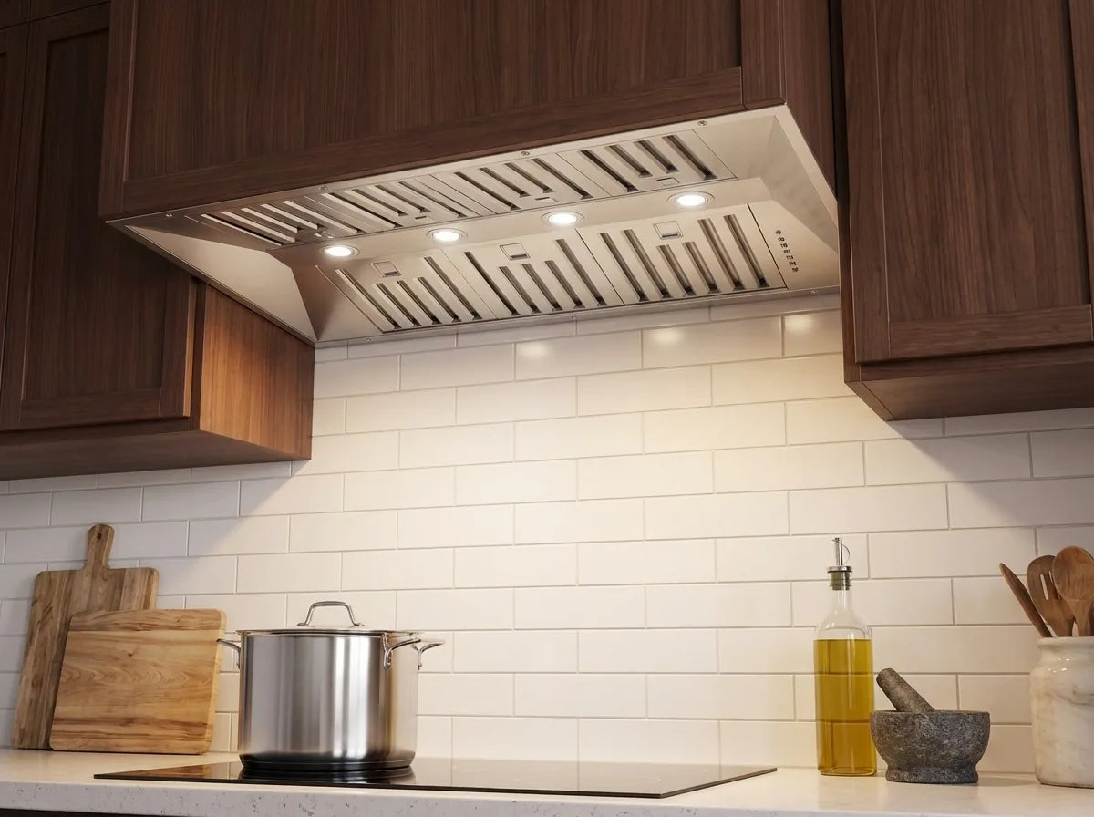 Forno Altilia 60-Inch 1200 CFM Insert Range Hood in Stainless Steel shown in a styled kitchen