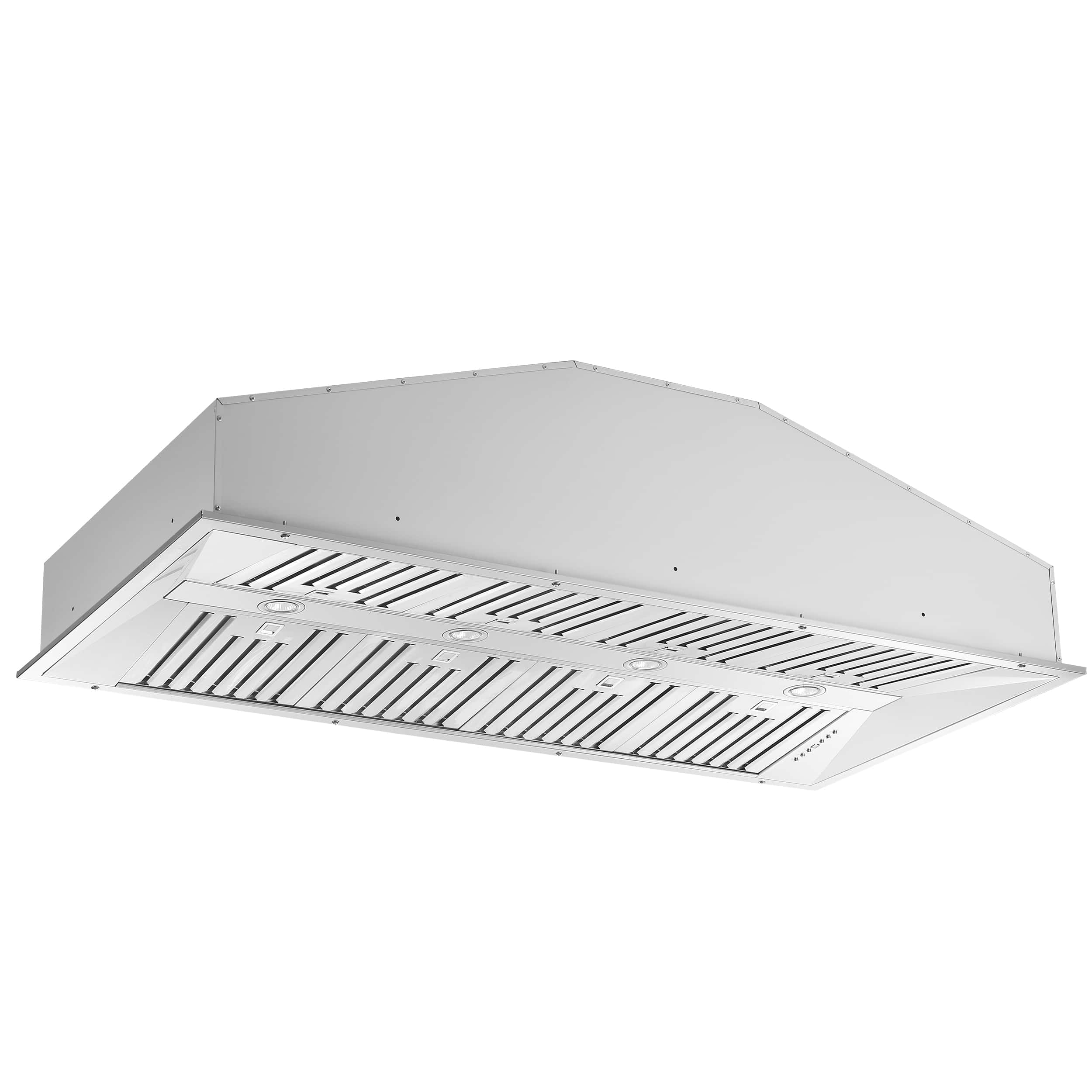 Stainless steel insert range hood with front baffle filters and canopy cover