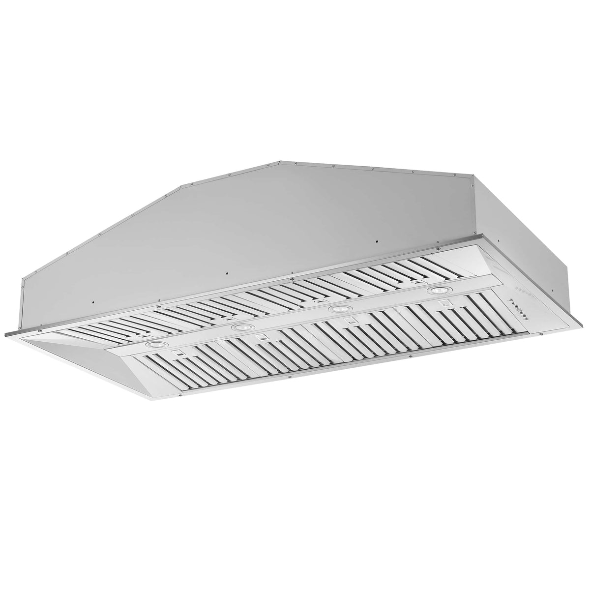Stainless steel insert range hood showing side profile and vented filter panel