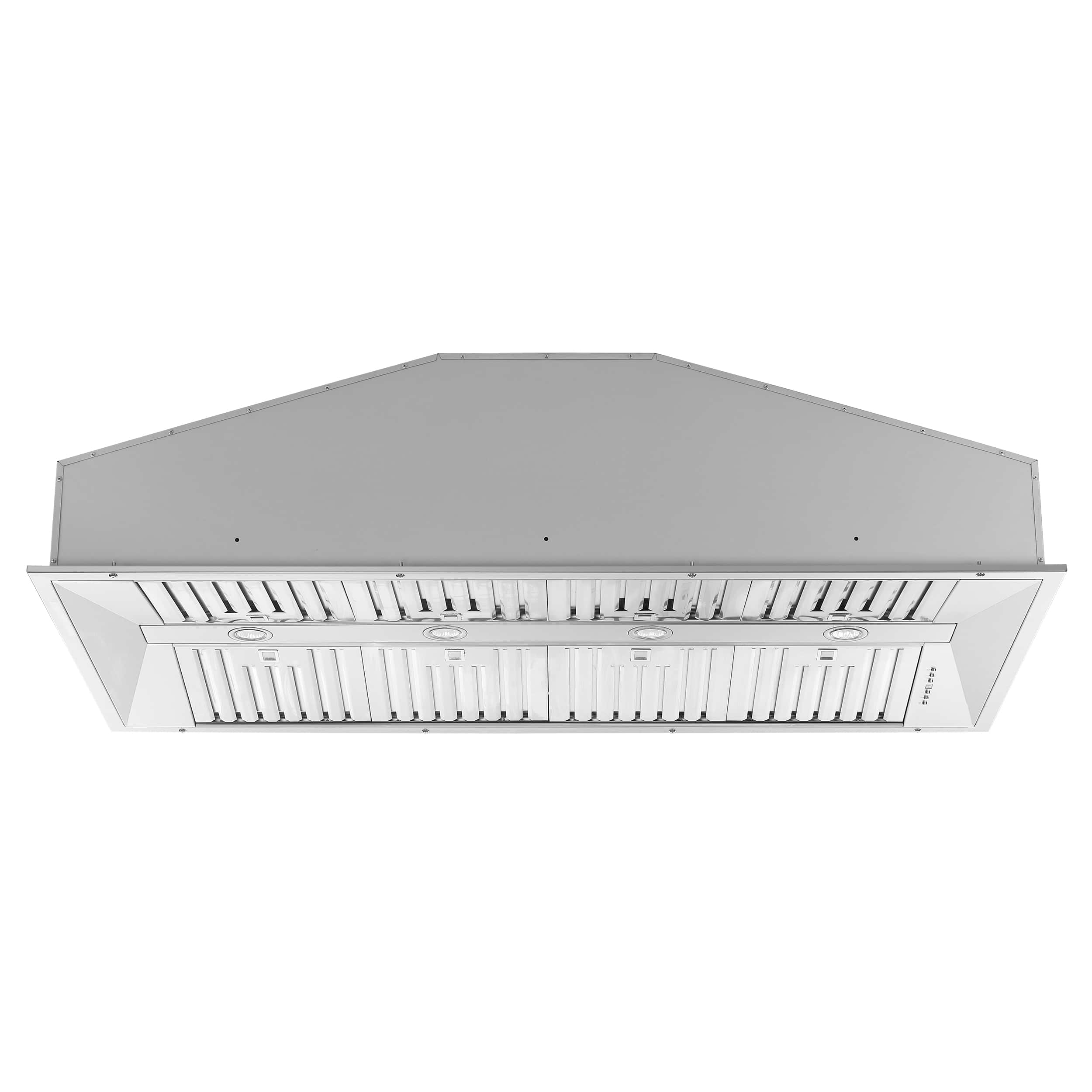 Stainless steel insert range hood with front-facing filter grille and recessed lights
