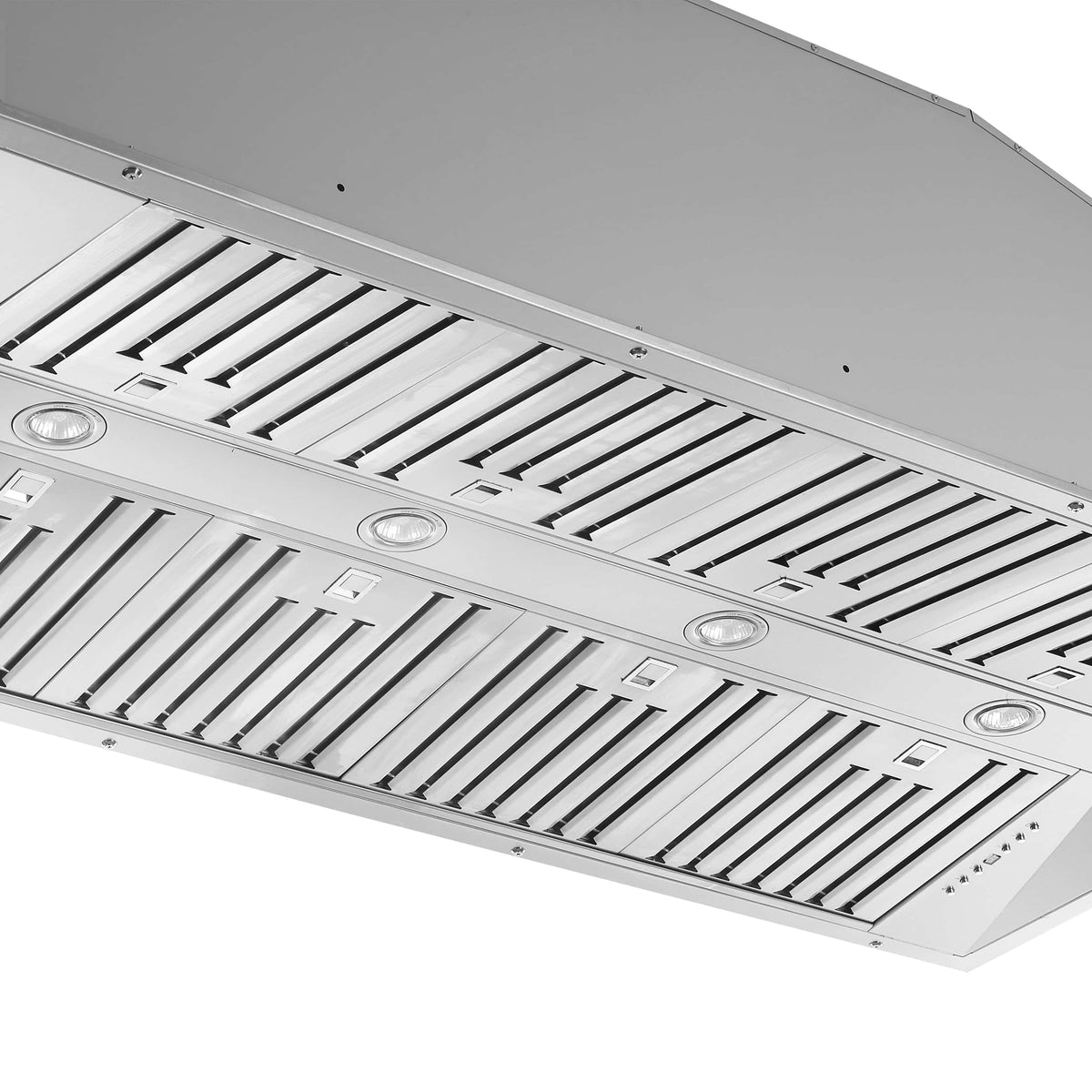 Stainless steel vent filter grille with circular light fixtures along the panel
