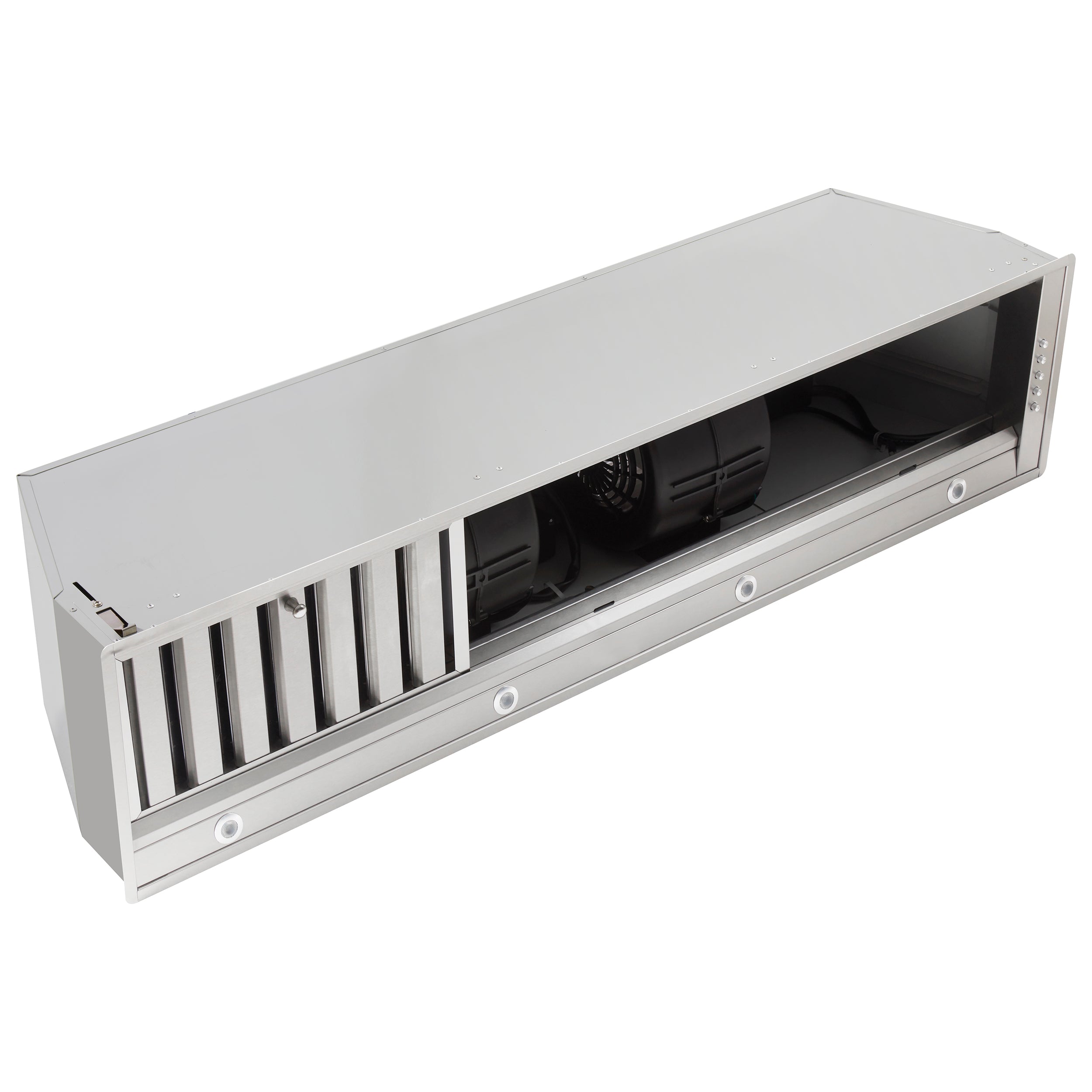 Stainless steel recessed hood insert interior showing baffle filters