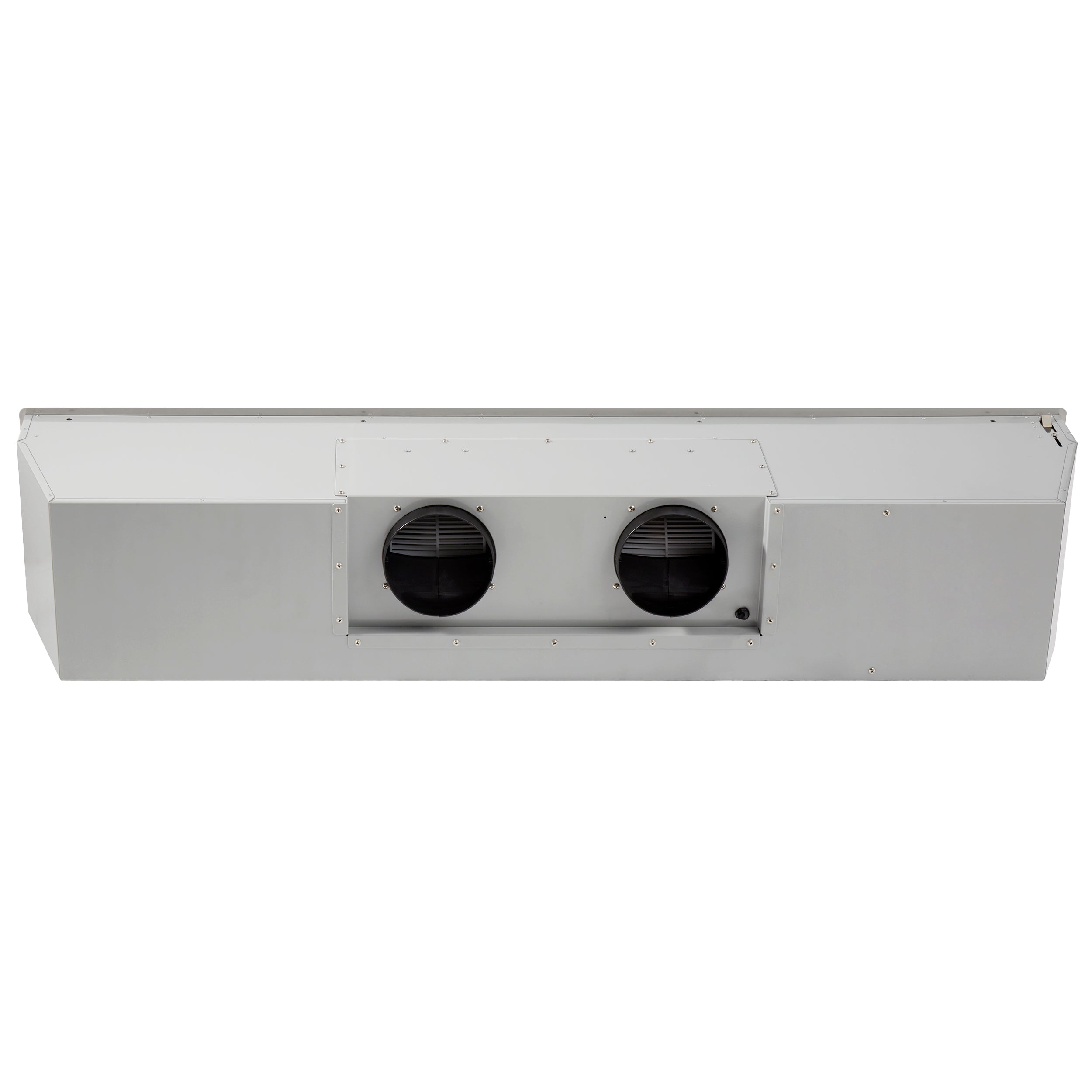 Stainless steel recessed range hood insert with twin circular fan openings