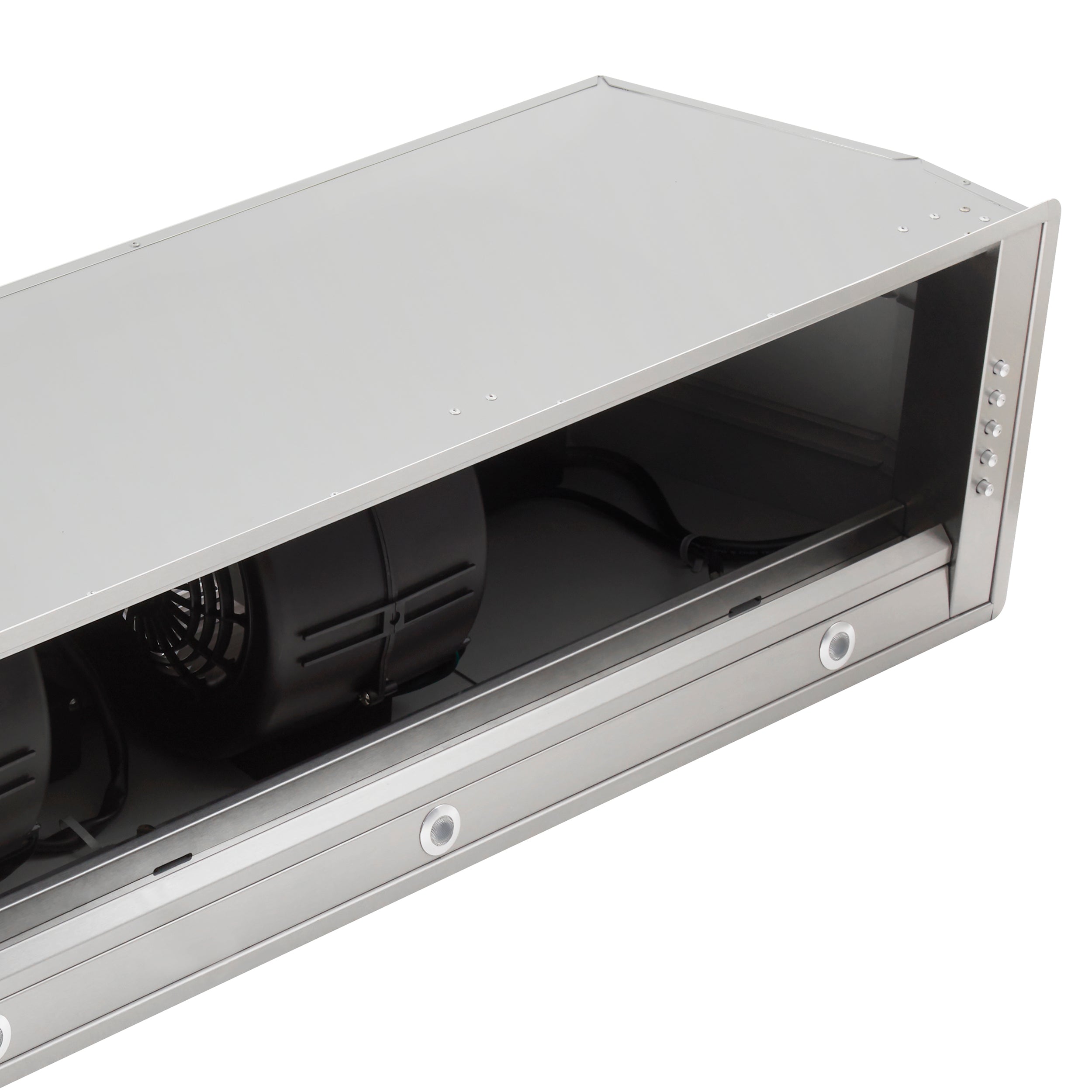 Stainless recessed range hood insert with open housing revealing blower fan