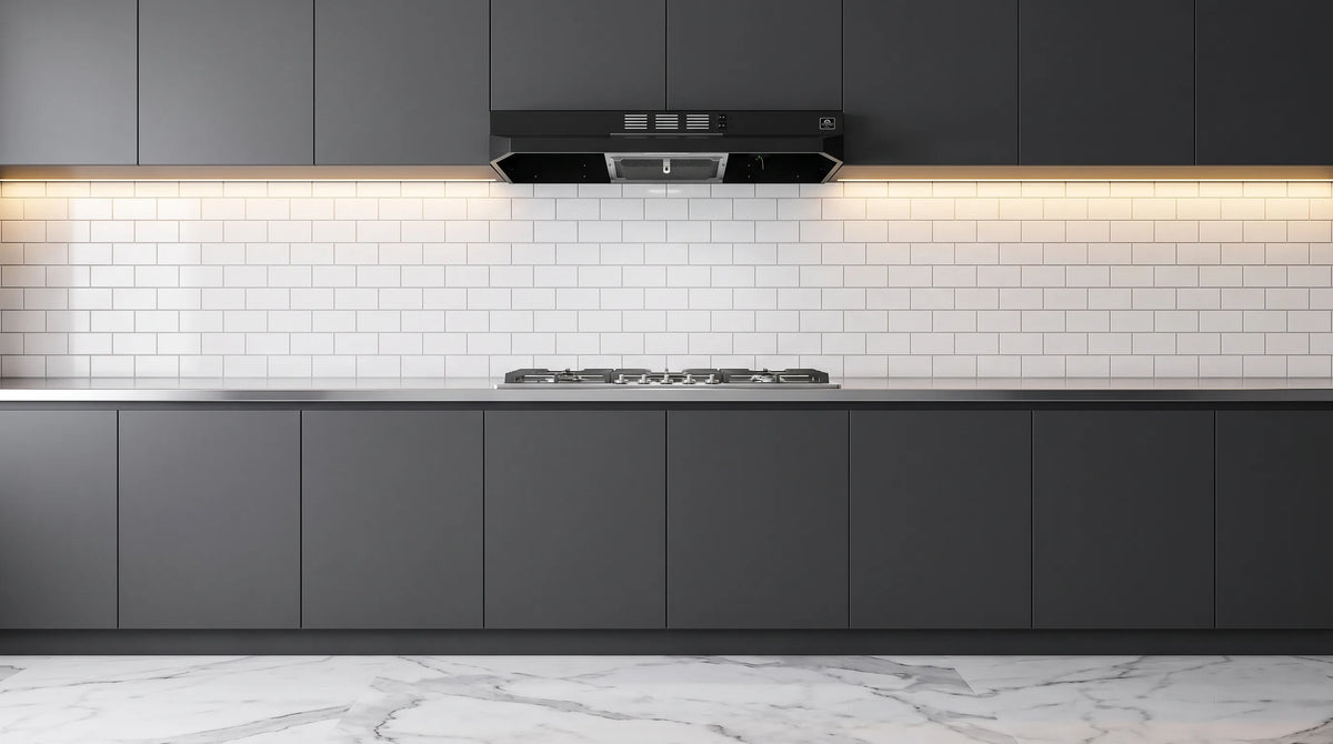 Forno Cappa 30-Inch 200 CFM Under Cabinet Range Hood in Black shown in a styled kitchen