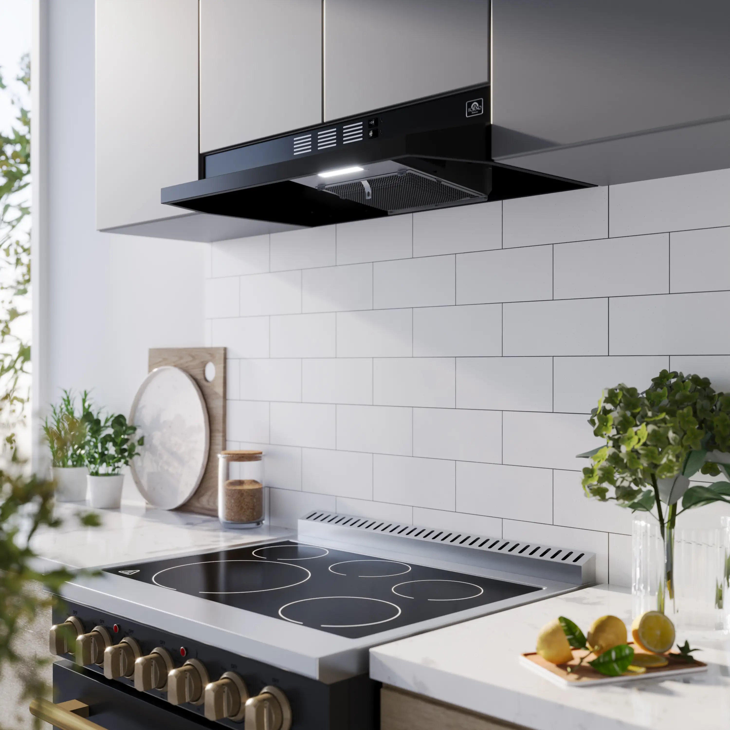 Black under-cabinet range hood above electric cooktop with control strip
