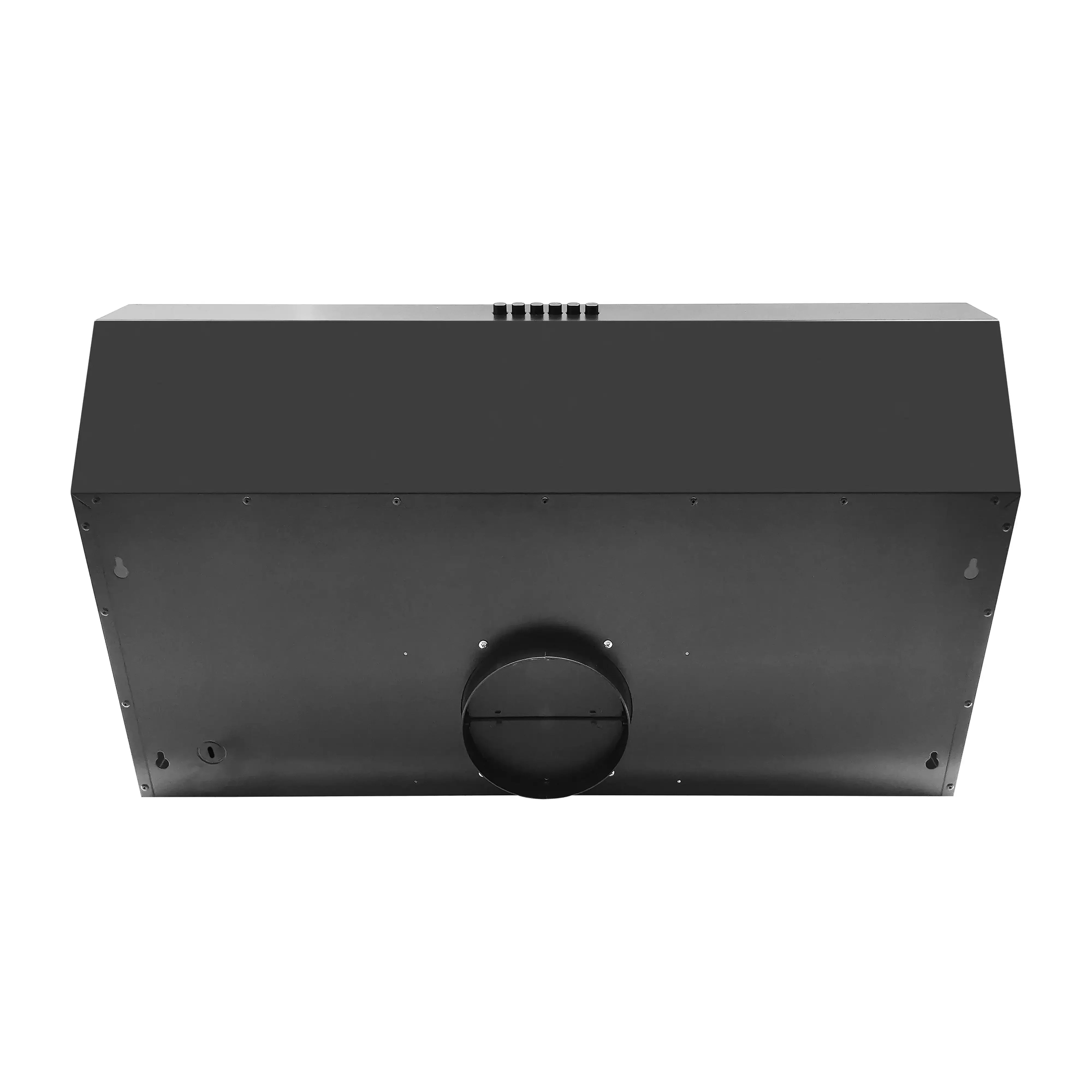 Black under-cabinet range hood back panel with round control dial