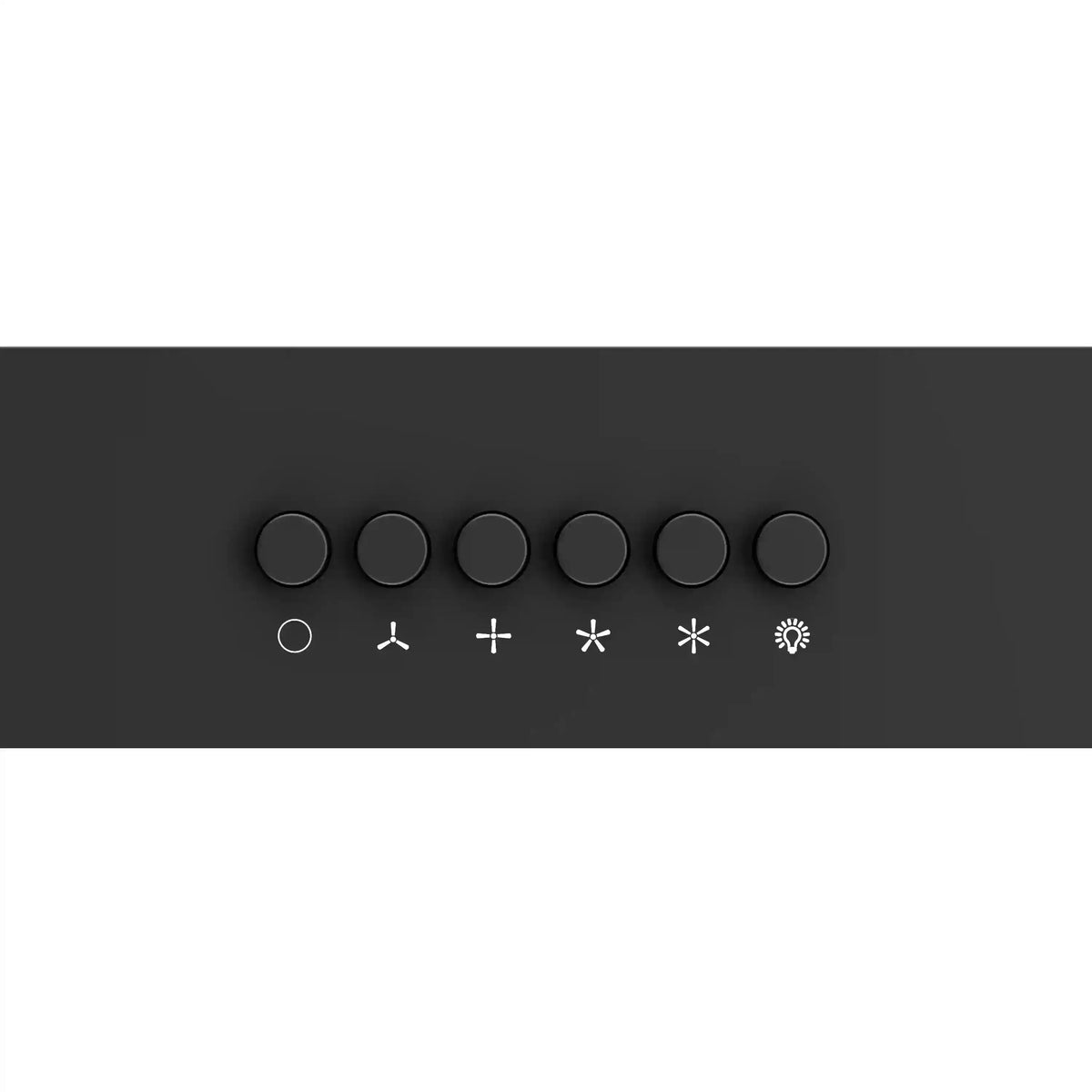Black under-cabinet range hood control panel with circular buttons and fan icons