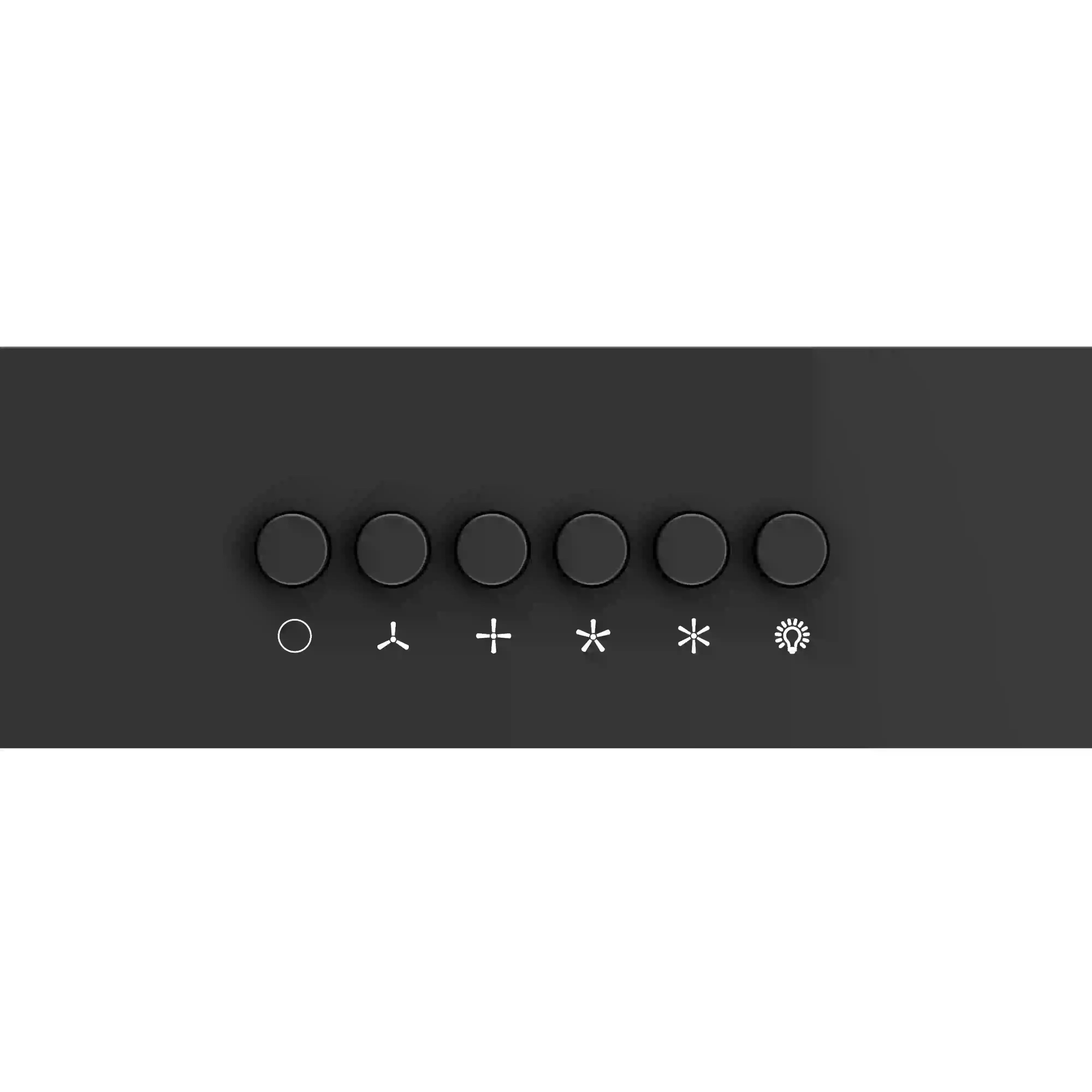 Black range hood control panel with round buttons and fan/light icons