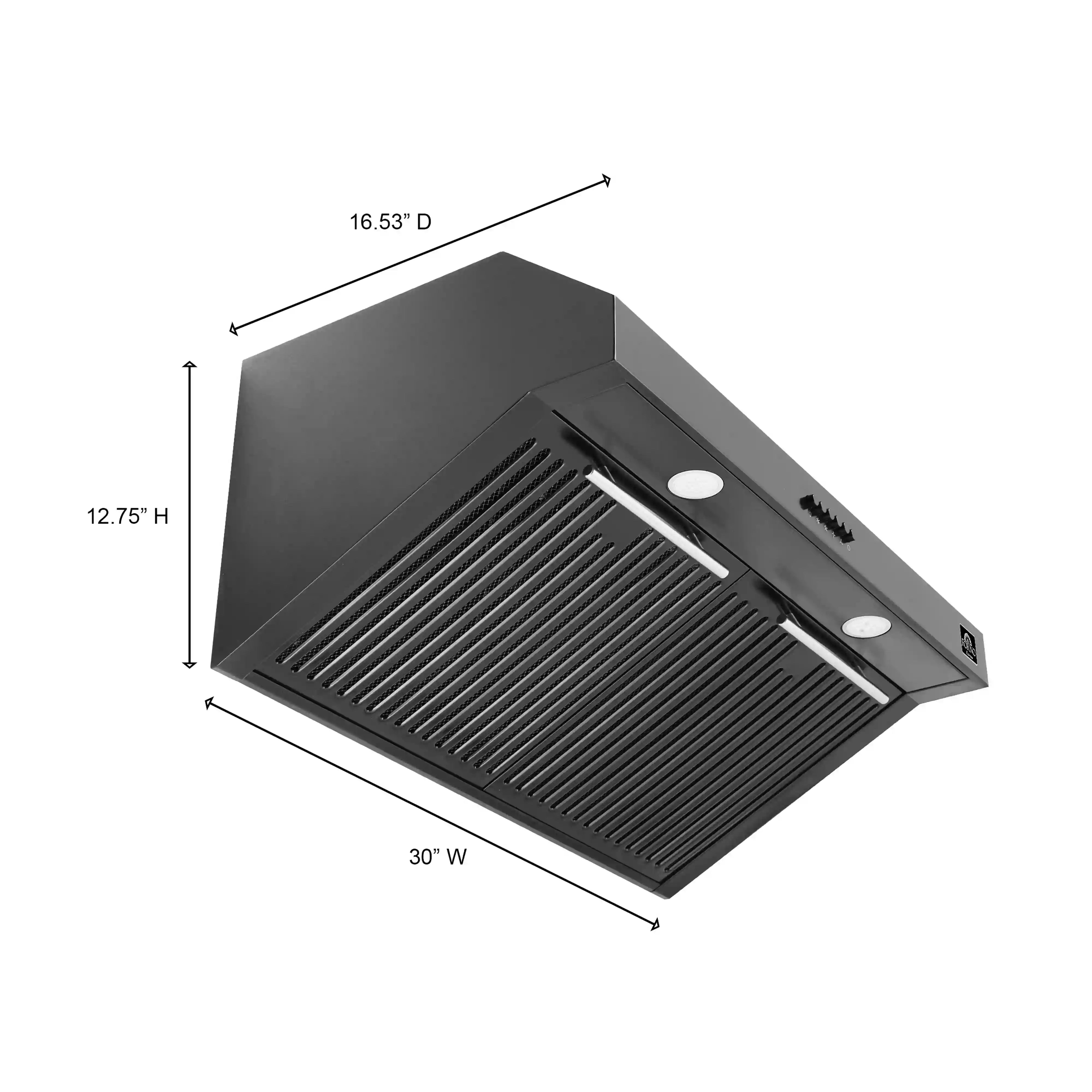 Black 30-inch under-cabinet range hood with vent grille and two light openings
