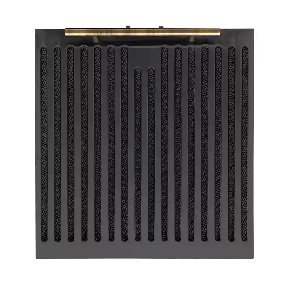 Black range hood vent grille with patterned openings and brass top bar