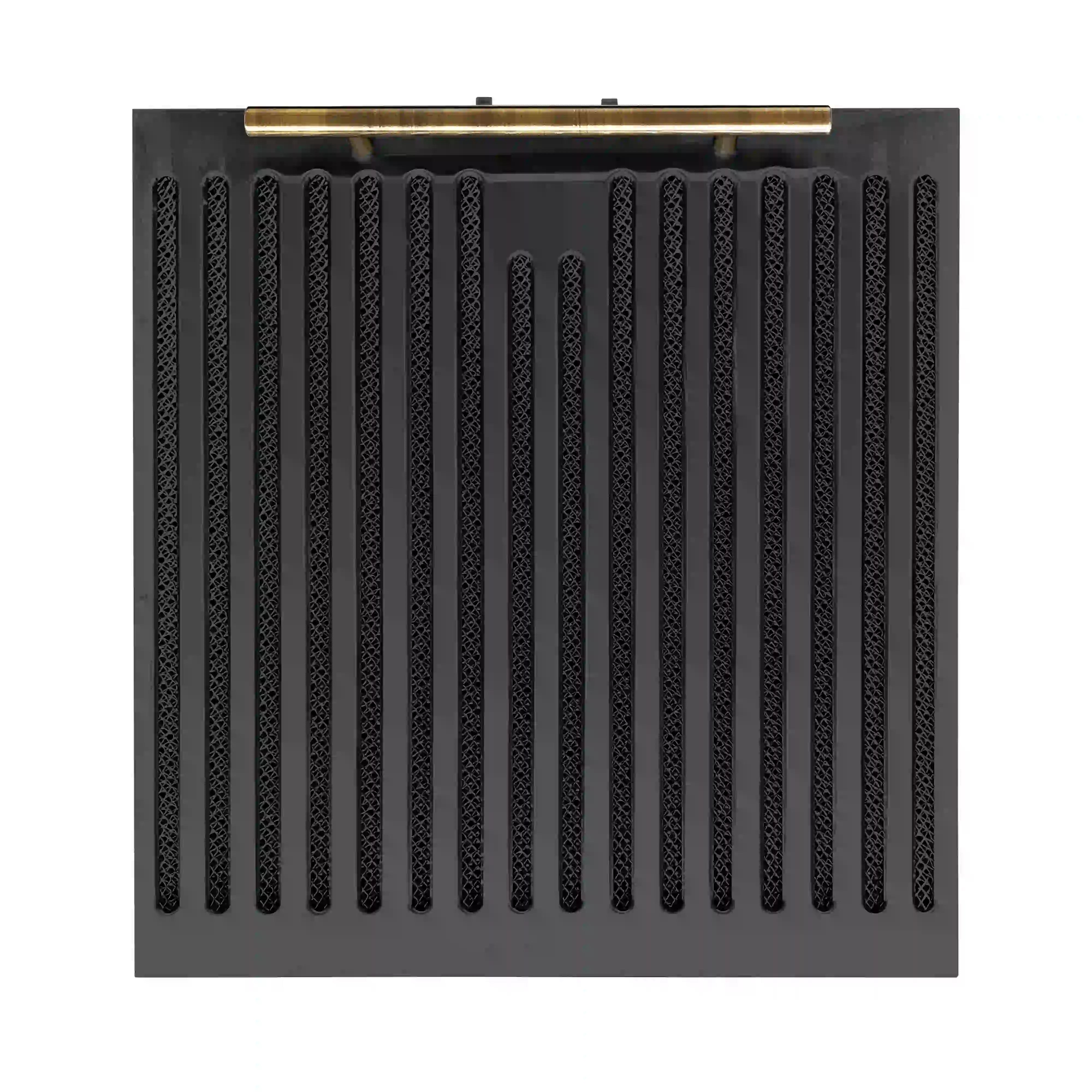 Black range hood vent grille with decorative texture and brass mounting bar
