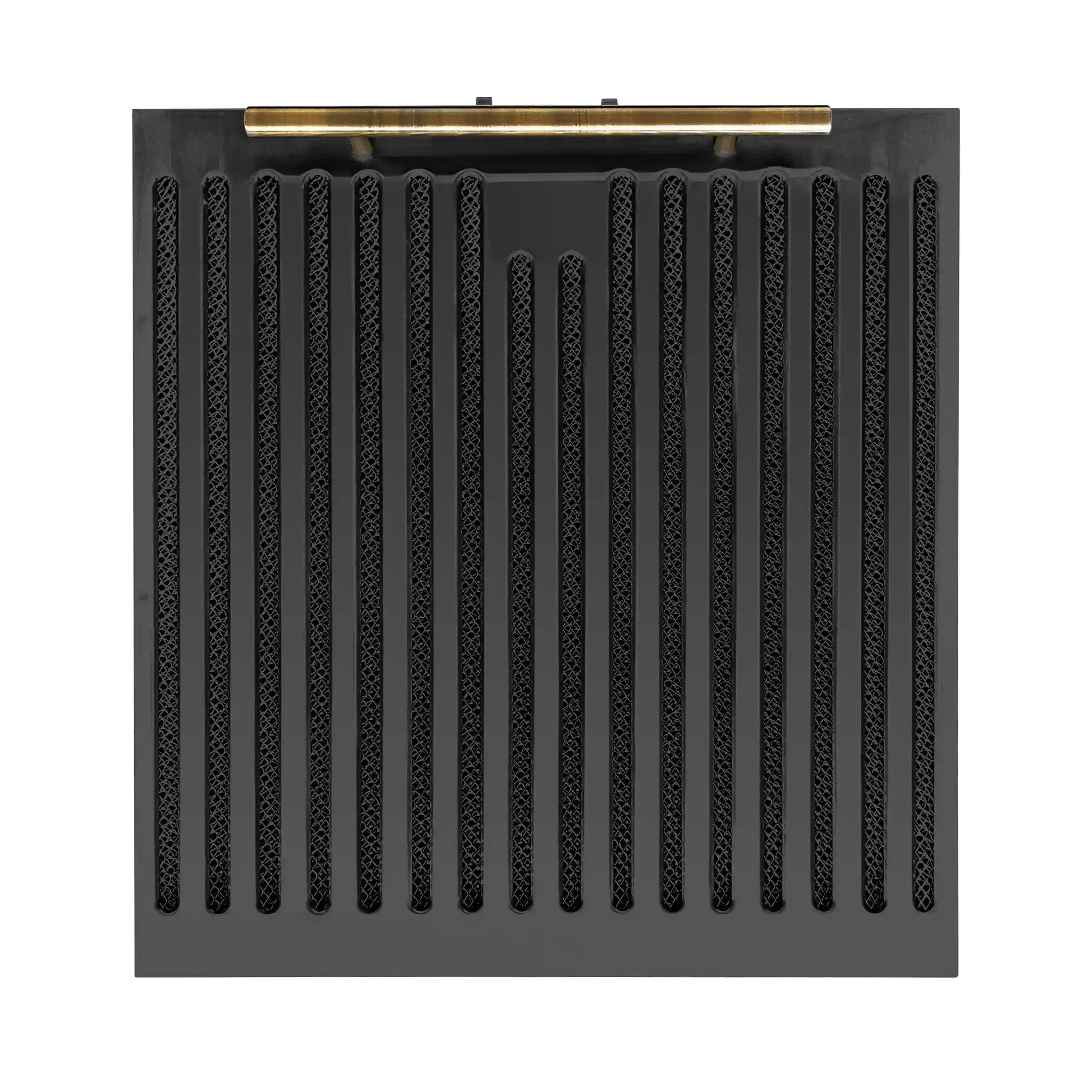 Black under-cabinet range hood rear grille with gold-toned top bar