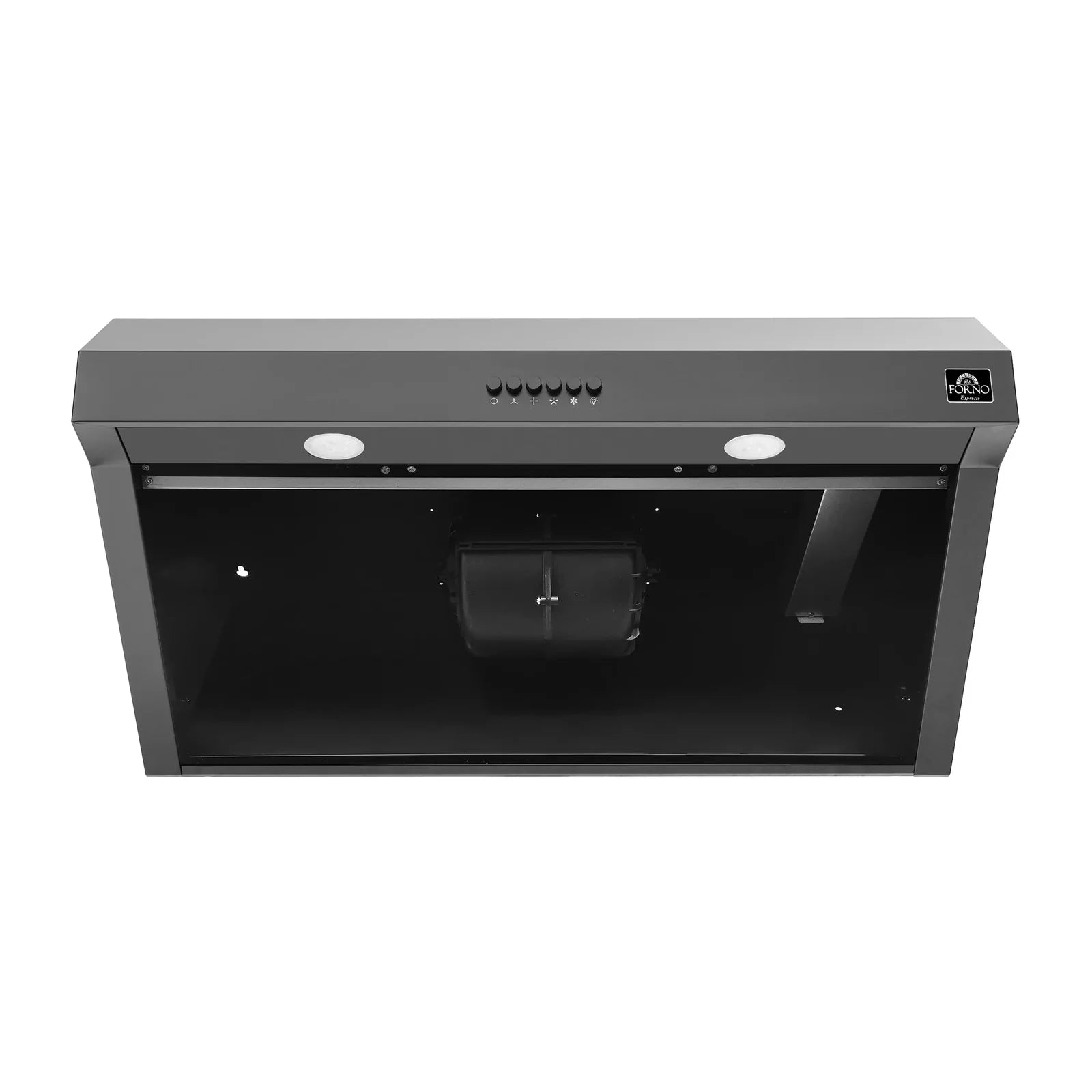 Black under-cabinet range hood with open underside, baffle area, and two round lights